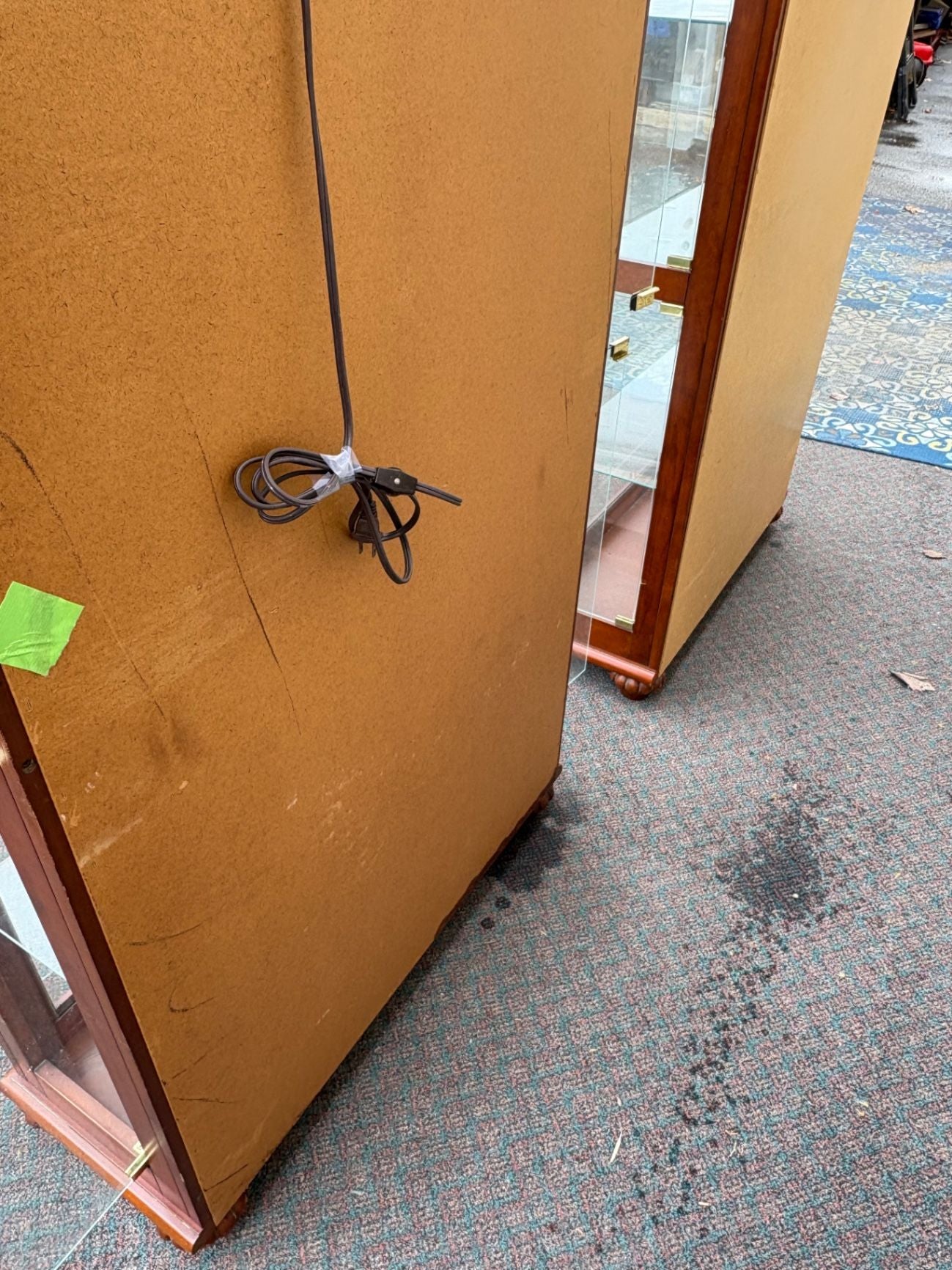 67572 PAIR  of Lighted Etched Glass Curio Cabinets with Wood Frame