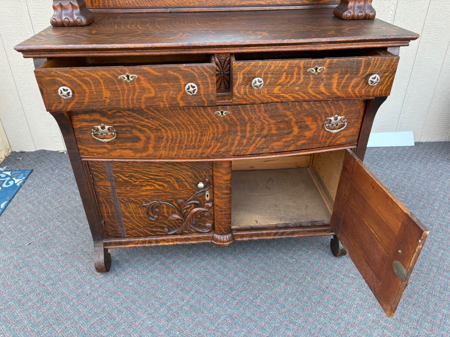 67417 Victorian Tiger Oak Sideboard with Figural Carvings and Mirror
