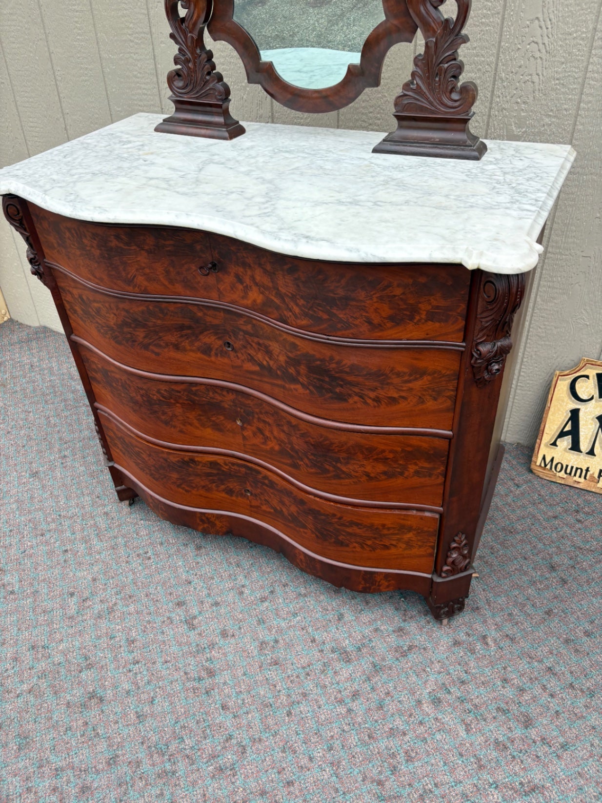 67937 Victorian Marble Top Dresser with Ornate Mirror and Carved Details