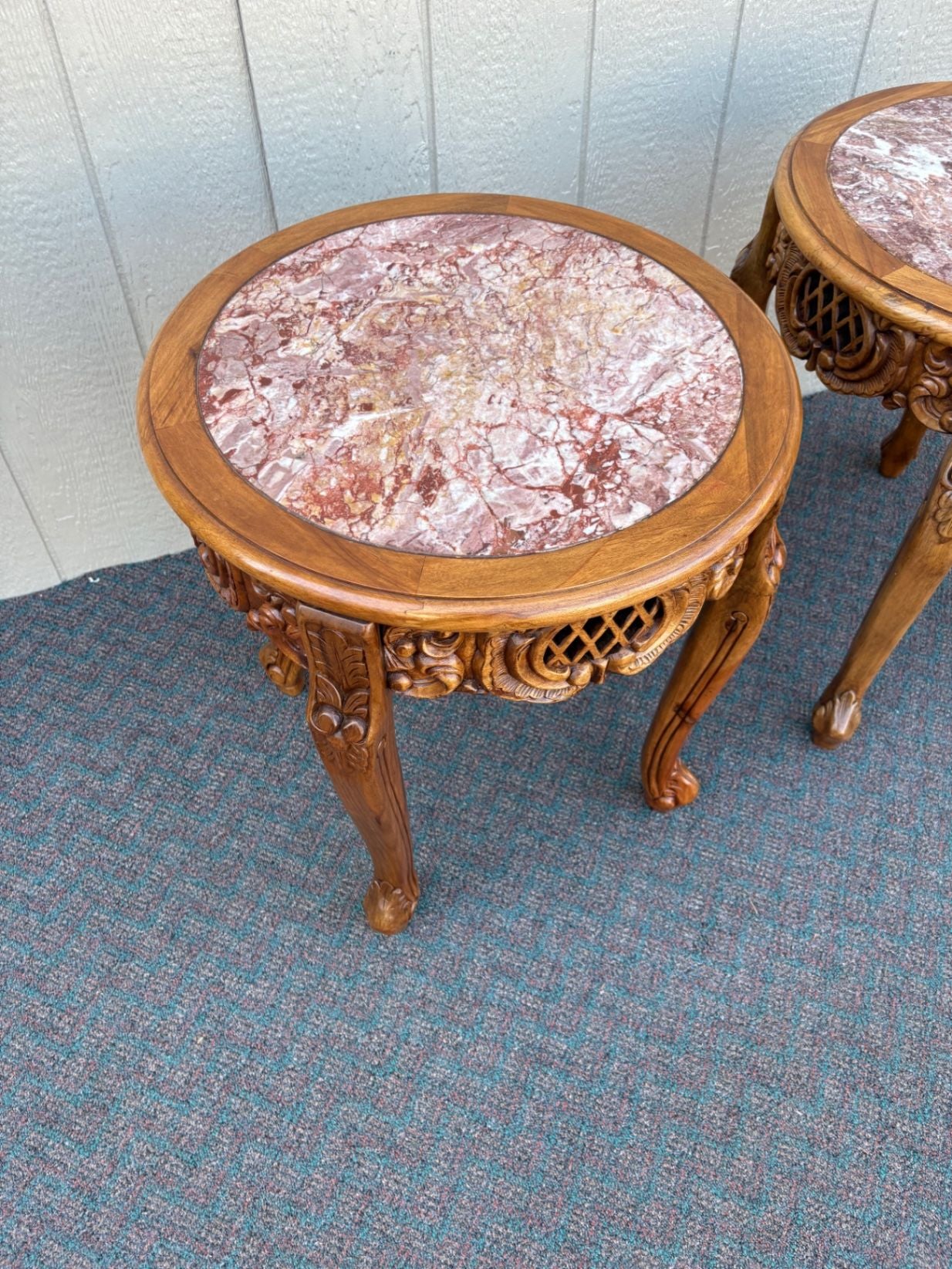 67604 Pair of Ornate Asian  Carved Wooden Tables with Marble Tops