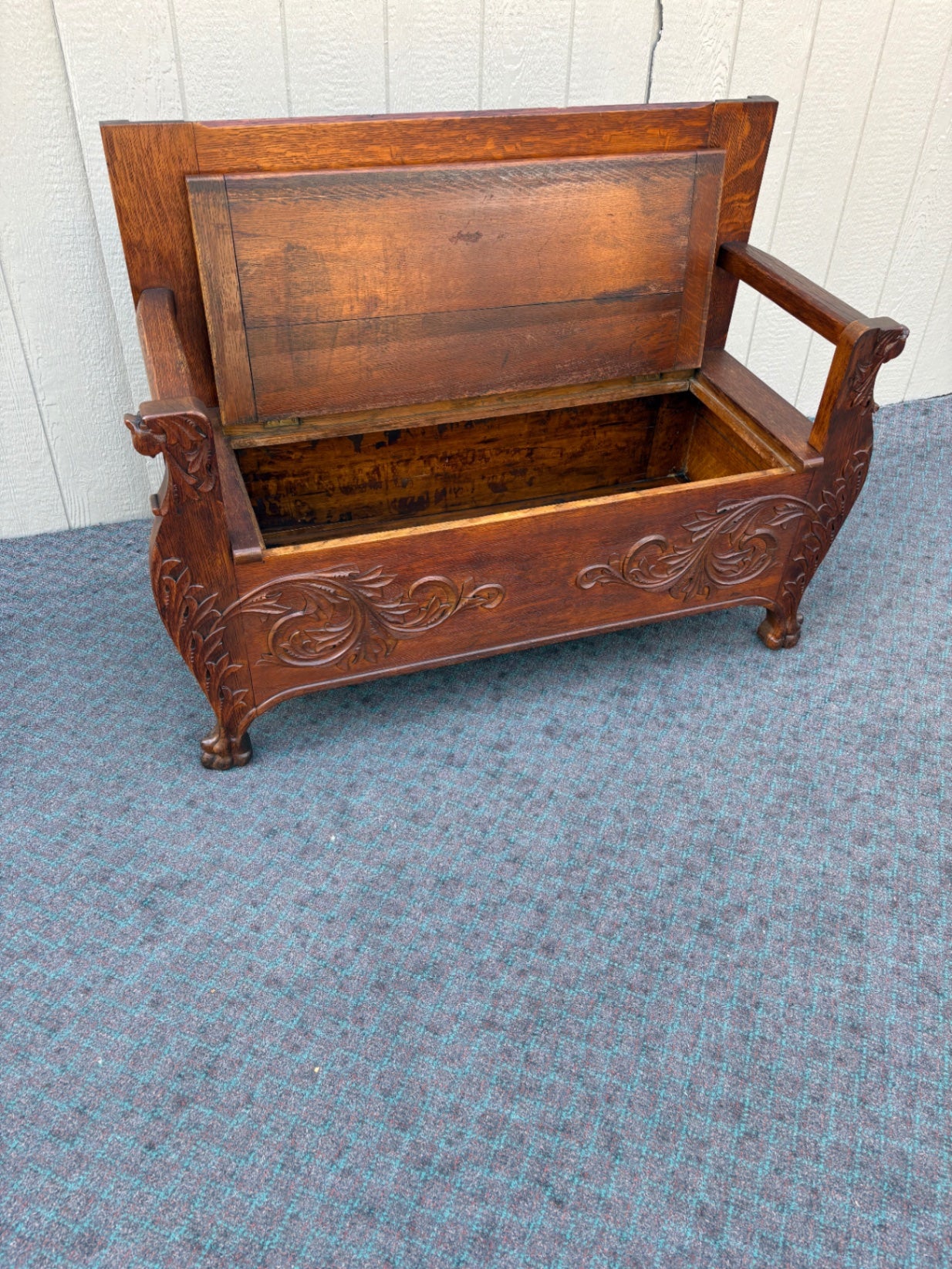 67891  Victorian Oak Carved Storage Bench with Lion Motif Details