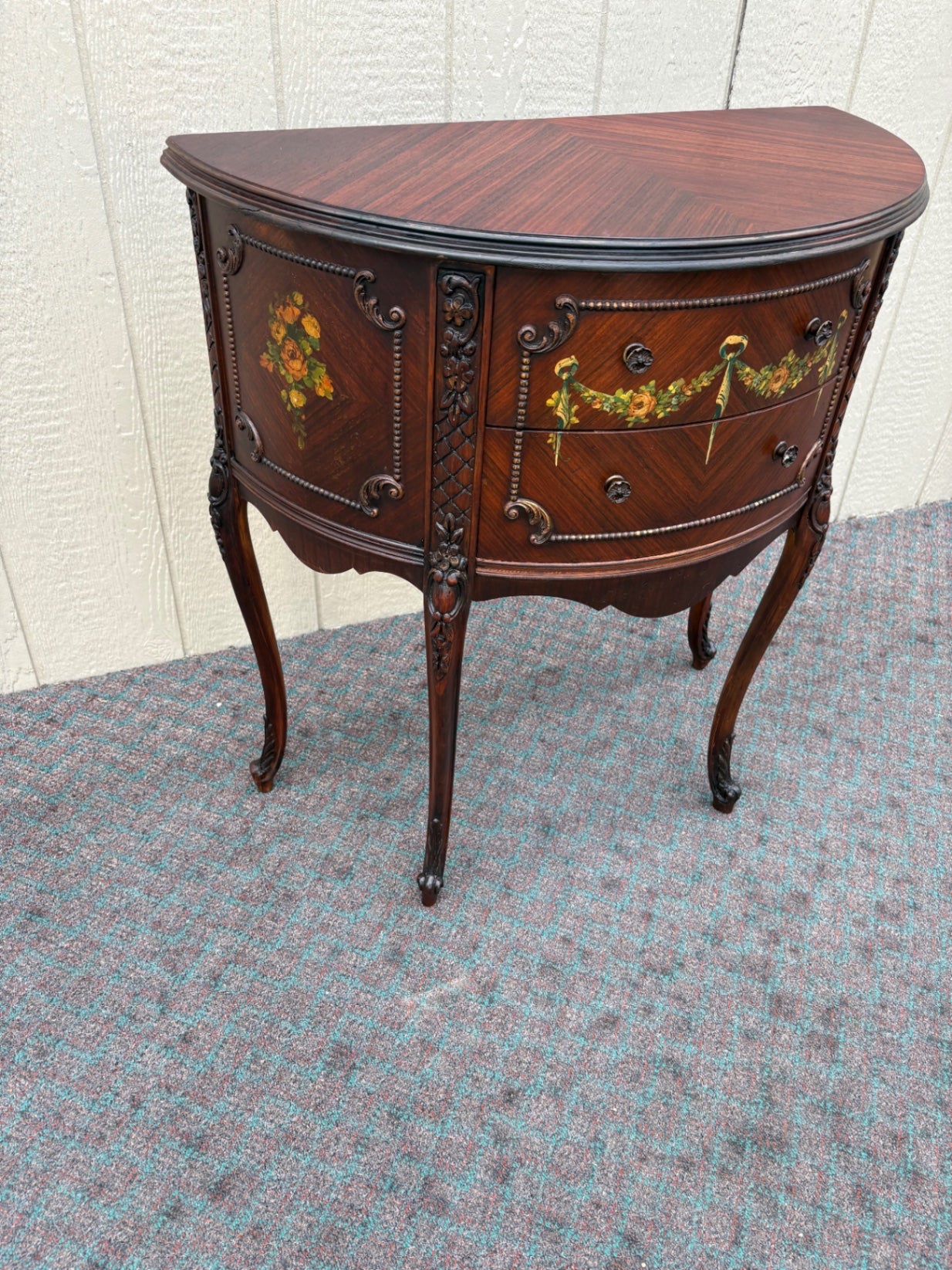67966 Hand-Painted Demilune Chest with Floral Accents, Mahogany Finish