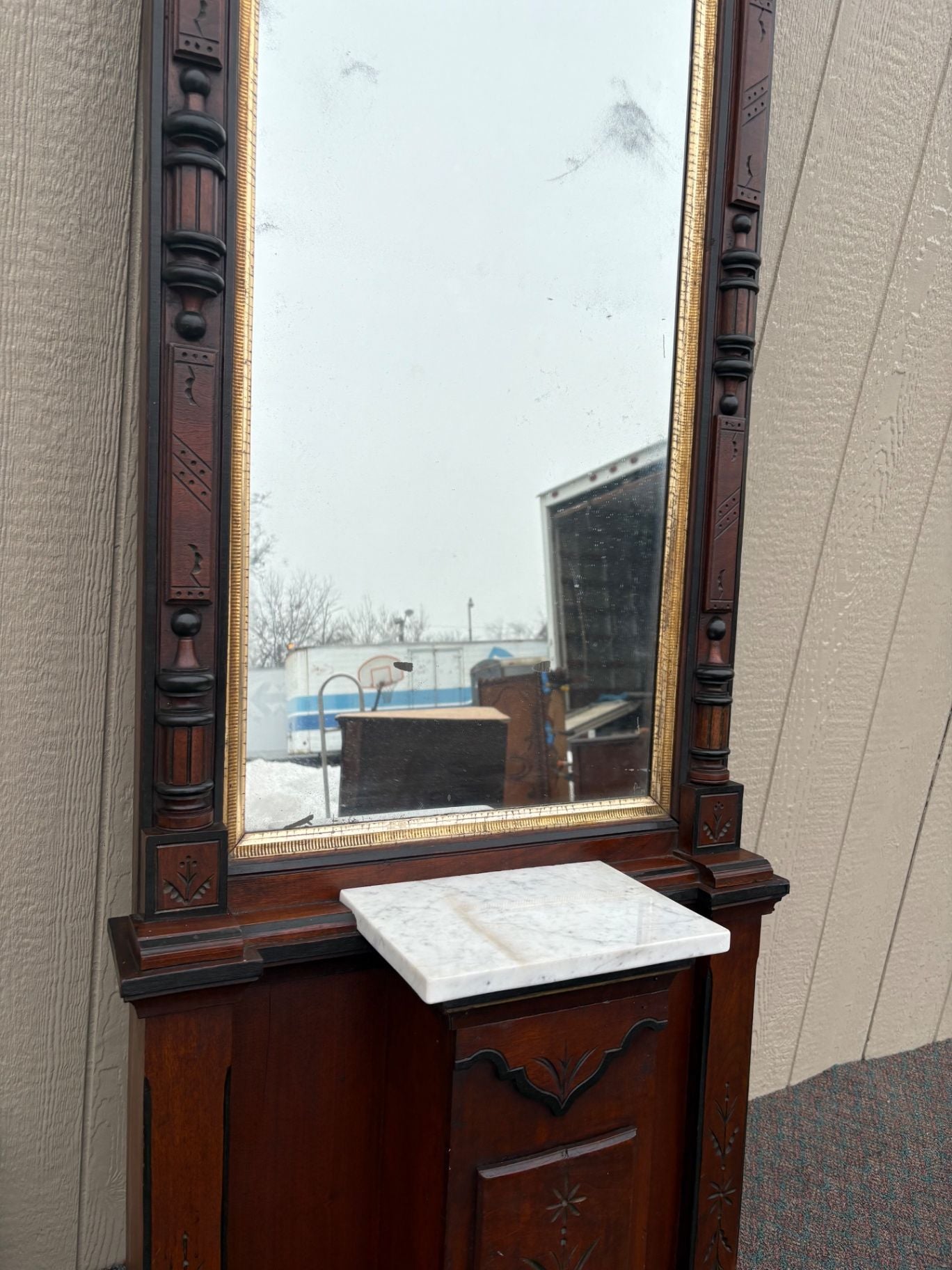 66659  Victorian Eastlake Pier Mirror with Marble Shelf, Walnut Wood