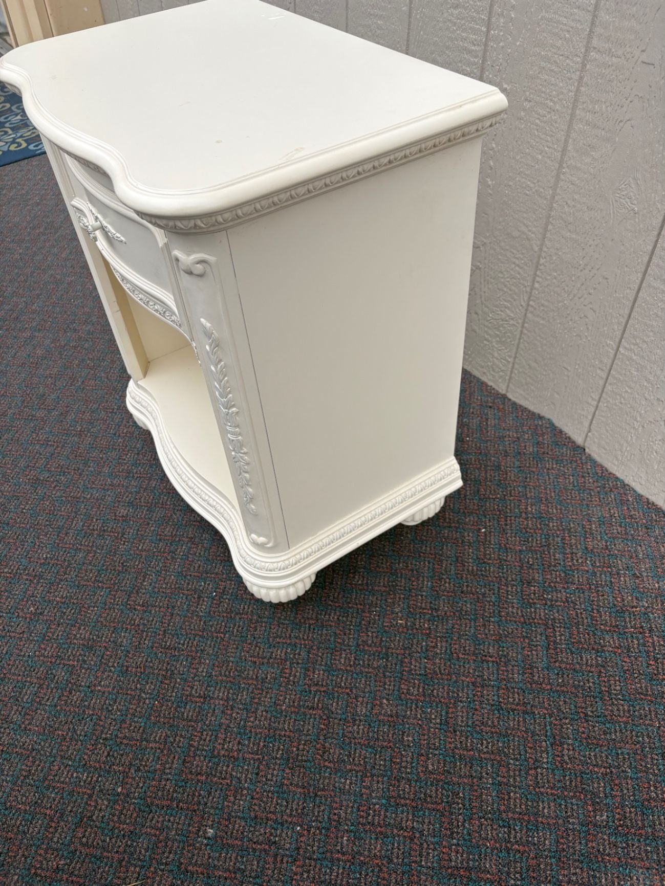 67552 French Provincial White Nightstand with Carved Details