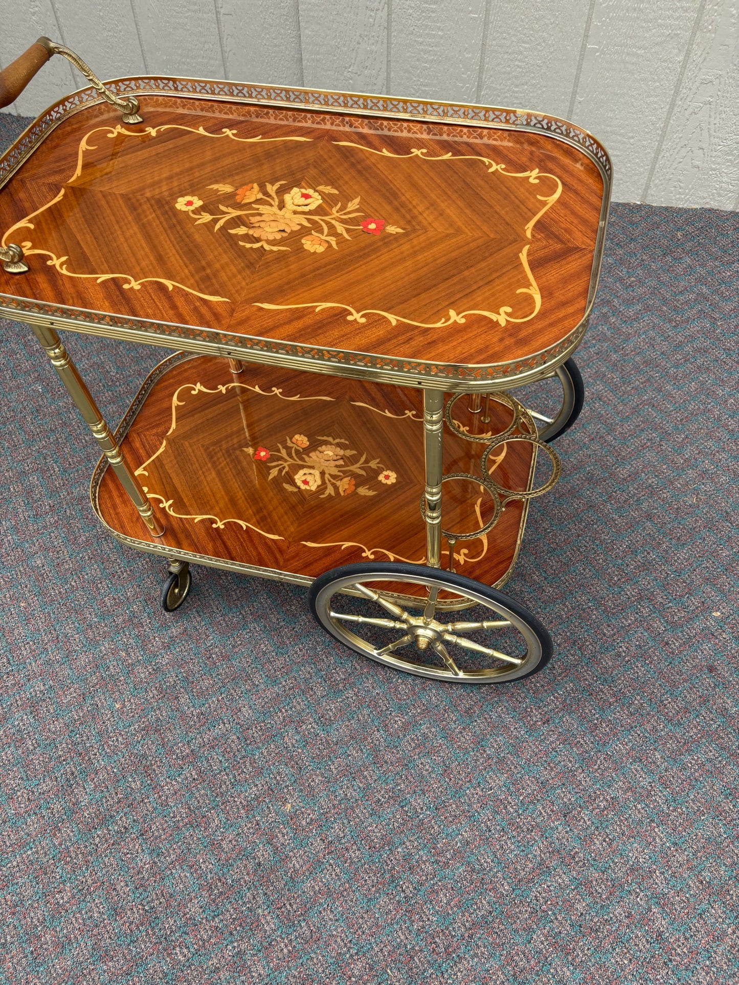 67707 Italian Mid-Century Inlaid Wood and Brass Bar Cart with Floral Motif