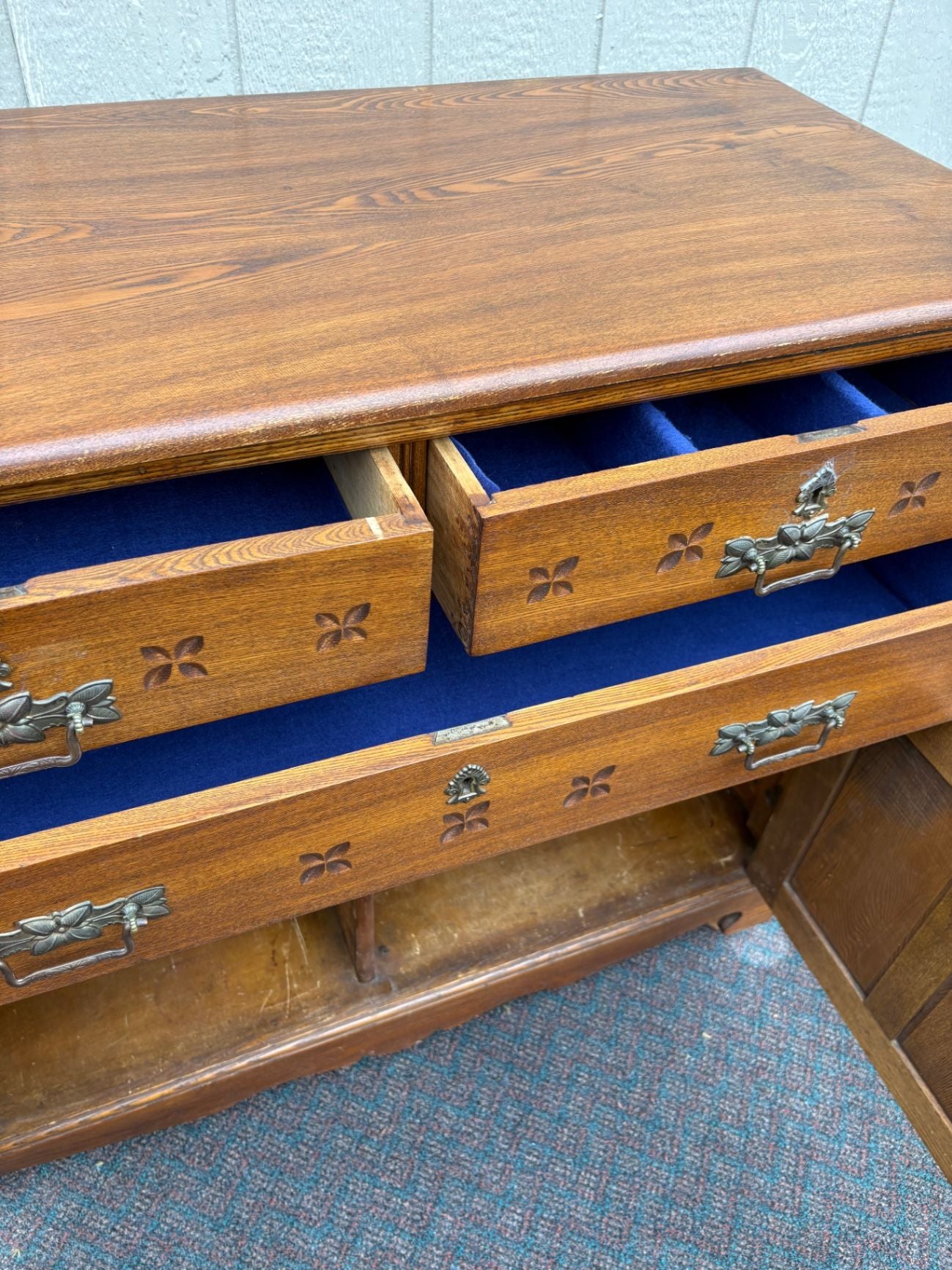 67625  Victorian Oak Buffet Server with Carved Details and Brass Hardware