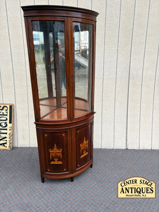 66914  Vintage Inlaid Mahogany Corner Curio Cabinet with Glass Doors