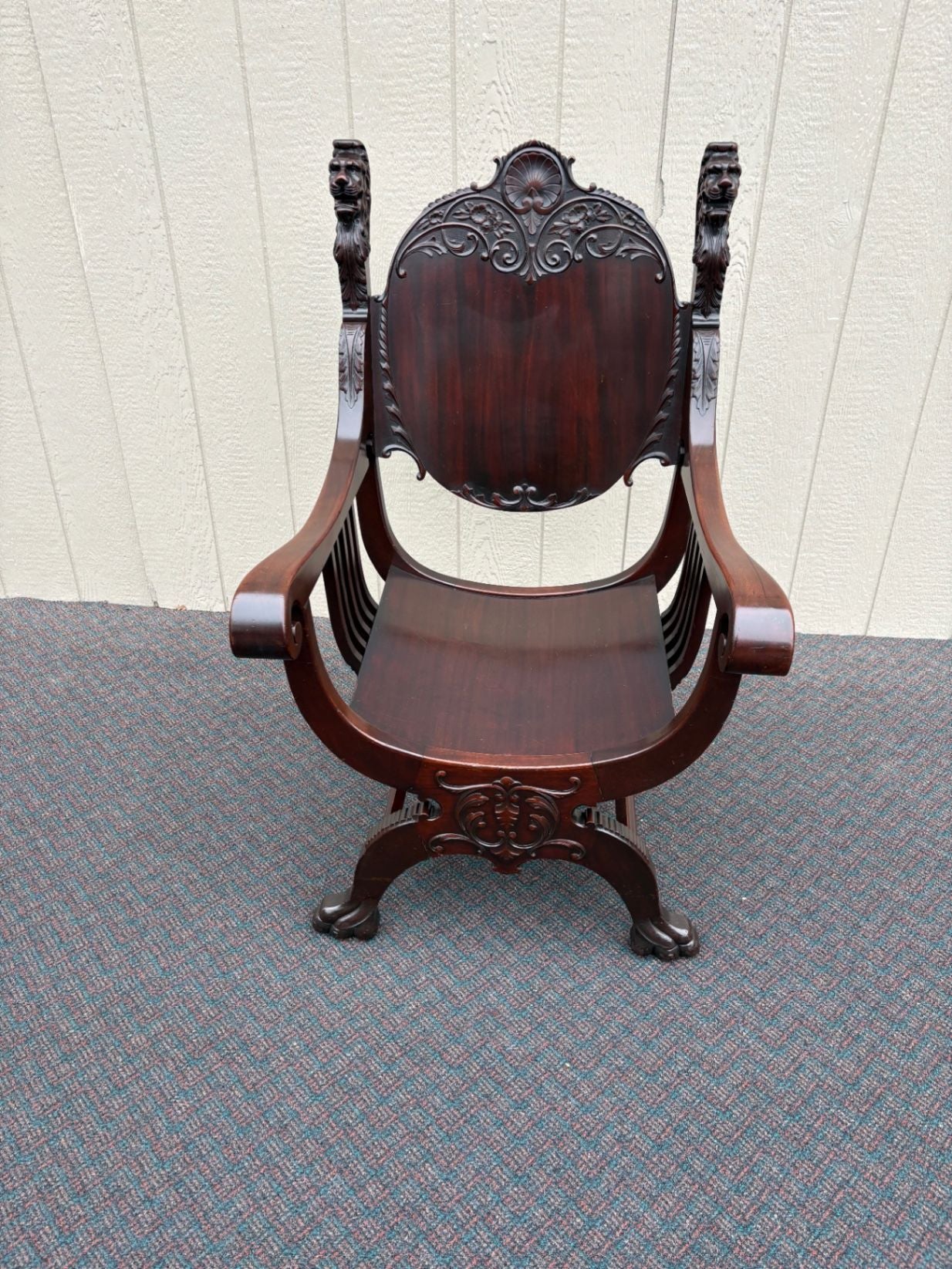 67546 Victorian Mahogany Lion Armchair with Intricate Carvings