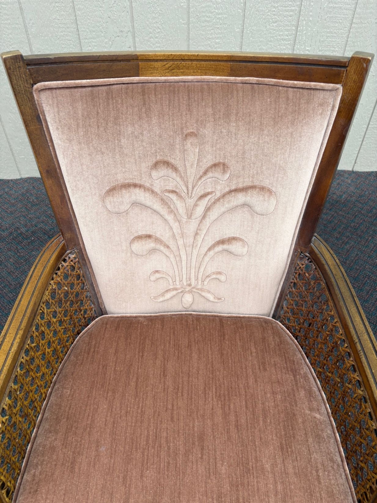 67510 Mid-Century Modern Cane Back Armchair with Velour Upholstery