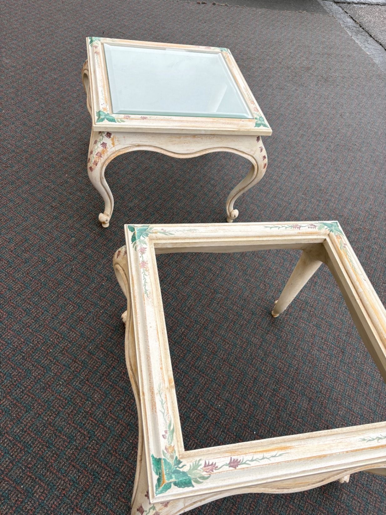 61856 PAIR  of French Provincial ITALIAN Hand Painted Glass Top End Tables