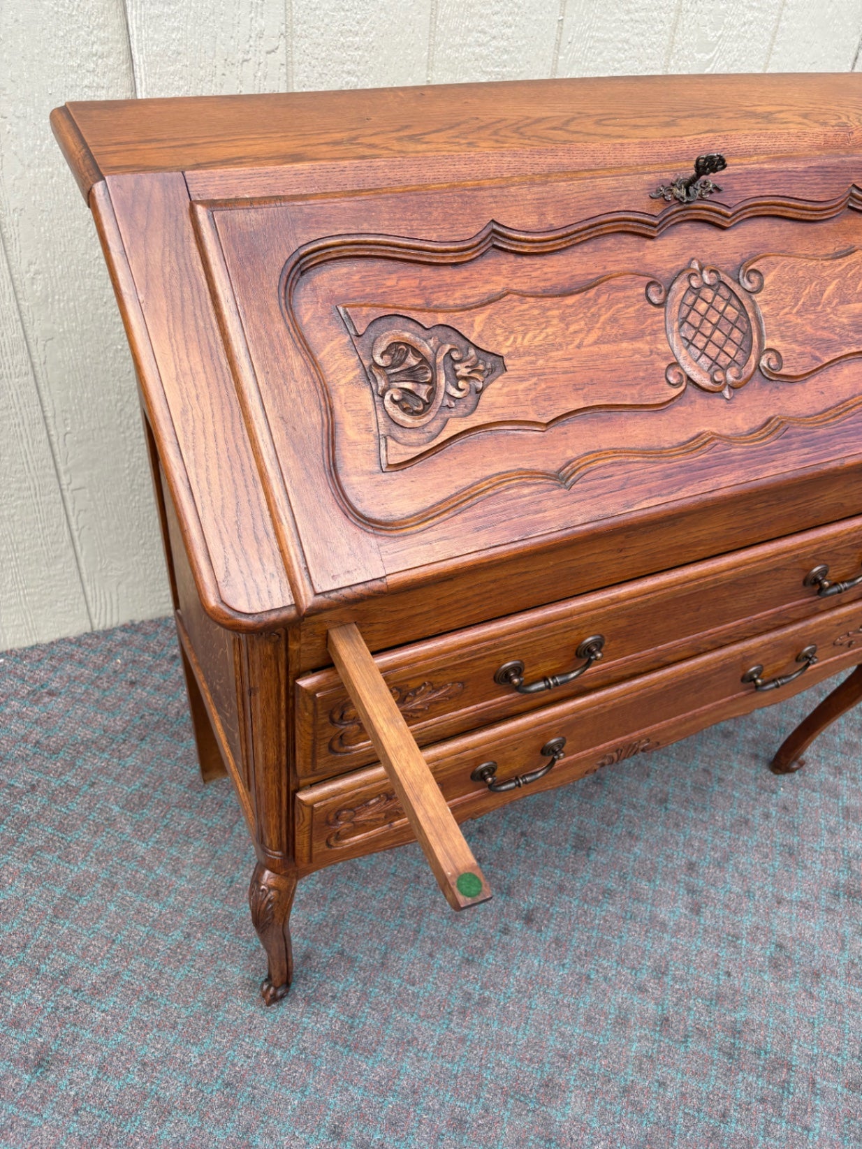 68097 Vintage French Provincial Oak Slant Front Desk with Carved Details