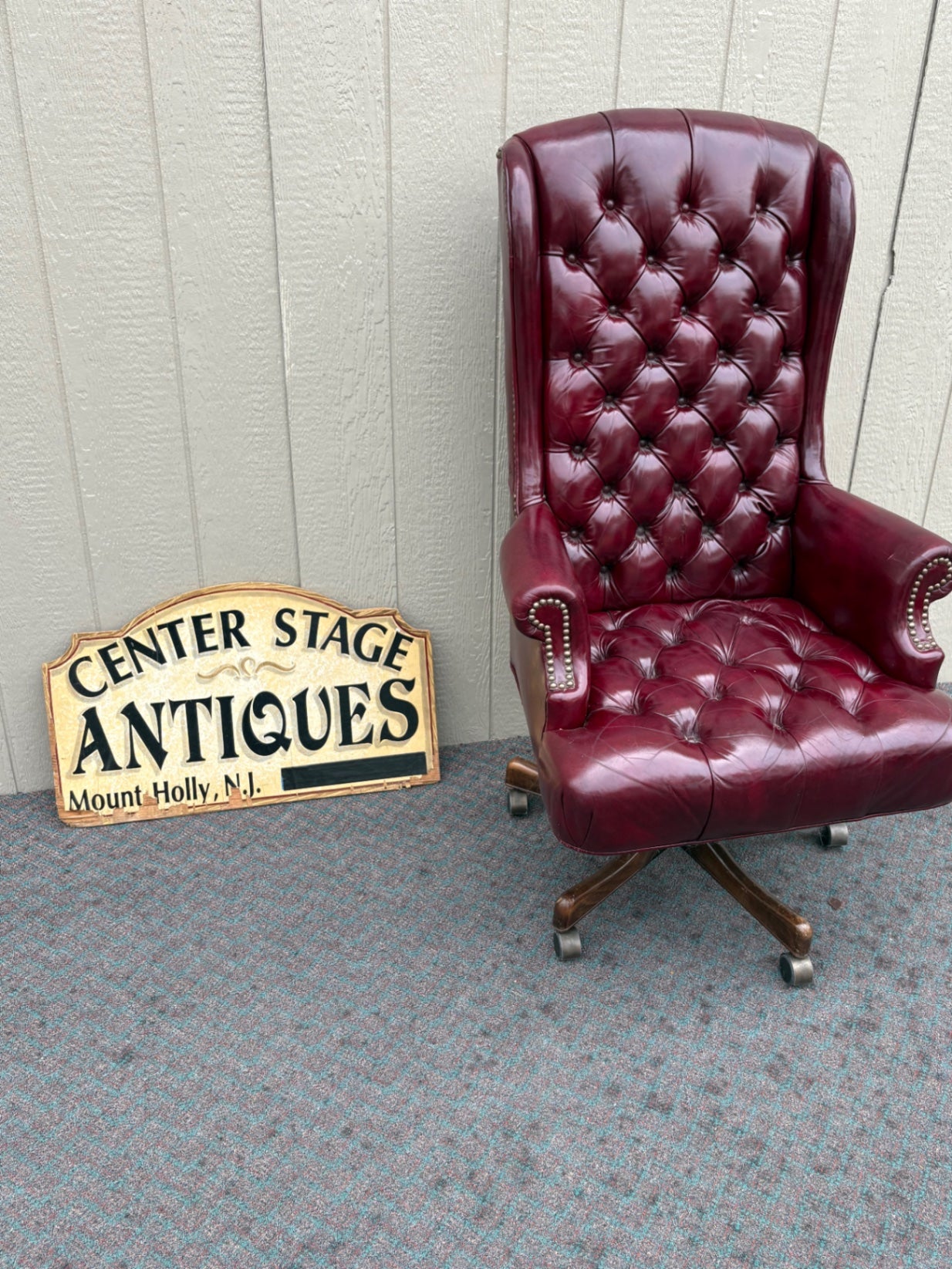 67868  Vintage Burgundy Leather Tufted Swivel Office Chair with Nailhead Trim