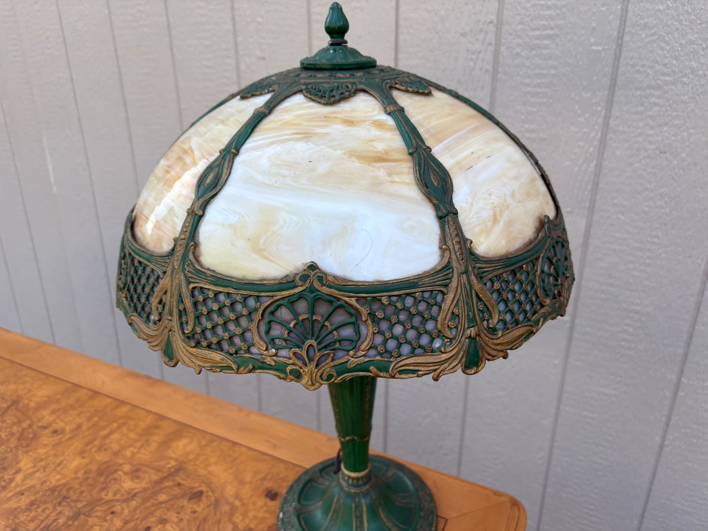 67799 Victorian Slag Glass Table Lamp with Ornate Metalwork Base