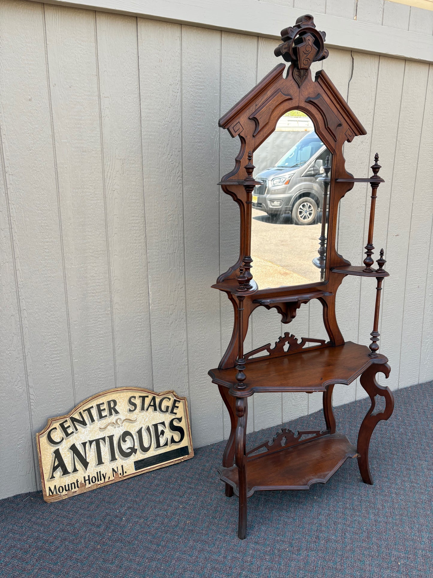 67717 Victorian Eastlake Style Hall Mirror with Shelves, Solid Mahogany