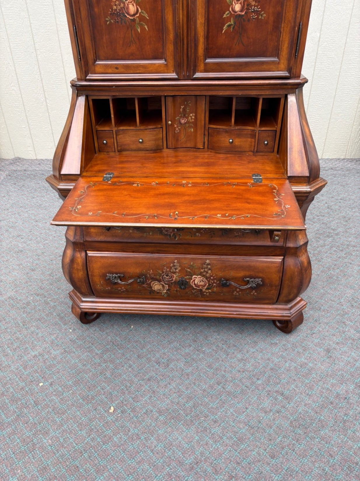 Ethan Allen Hand-Painted Secretary Desk with Hutch, Floral Motif