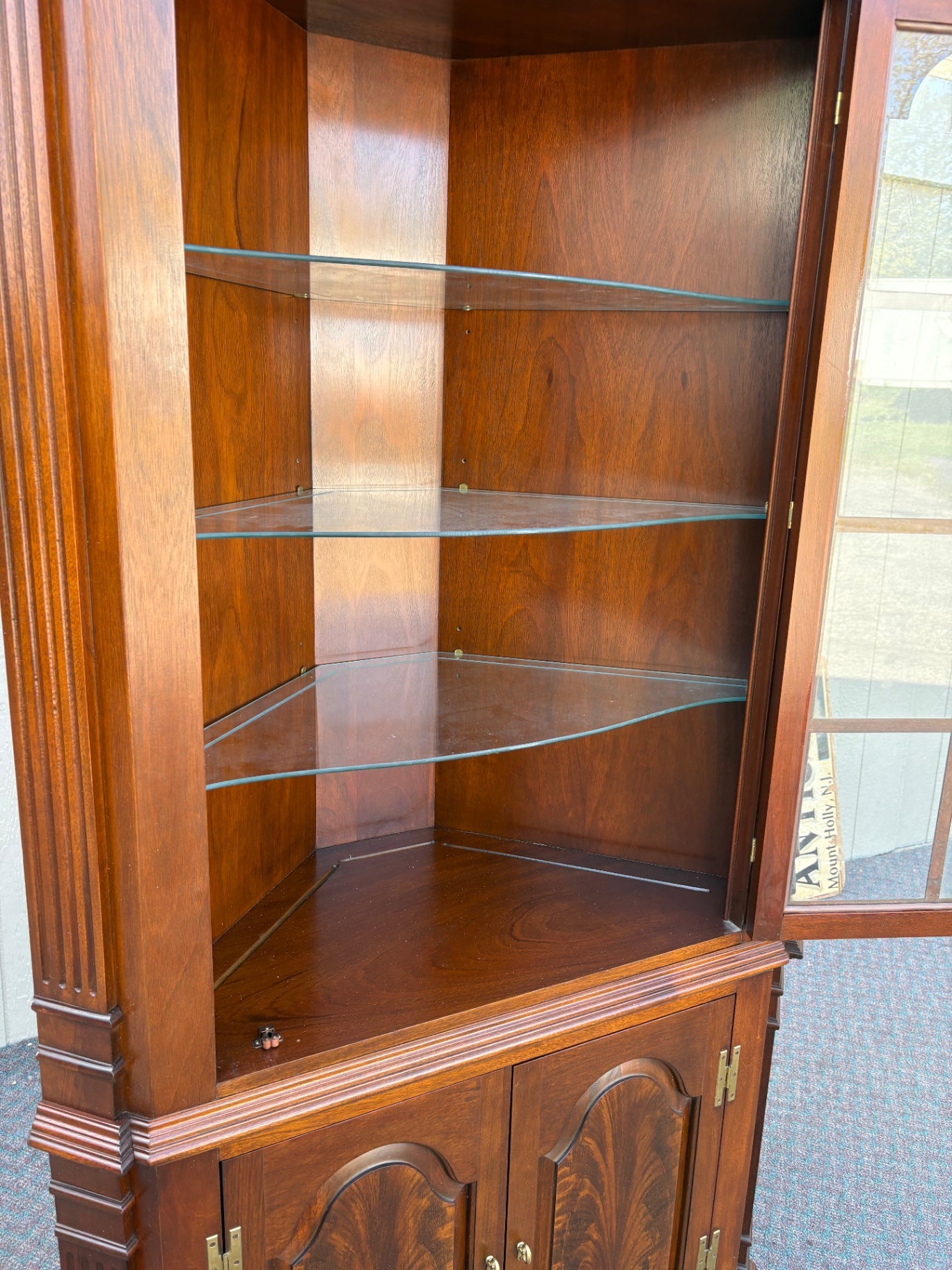 67701 Elegant Mahogany Corner Cabinet with Glass Doors and Shelves