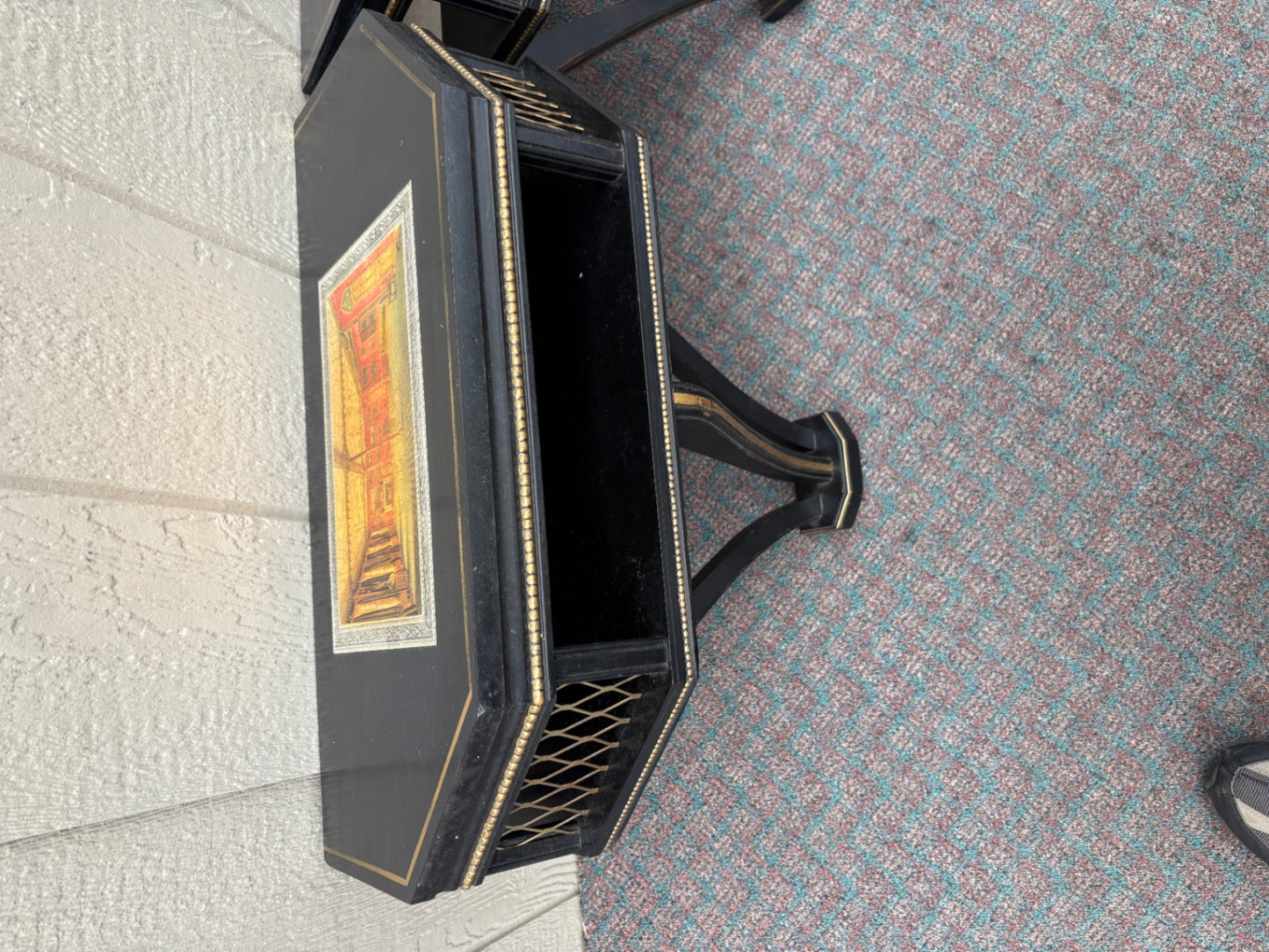 67859 Pair of Vintage Black Wall Shelves with Gold Accents and Decoupage