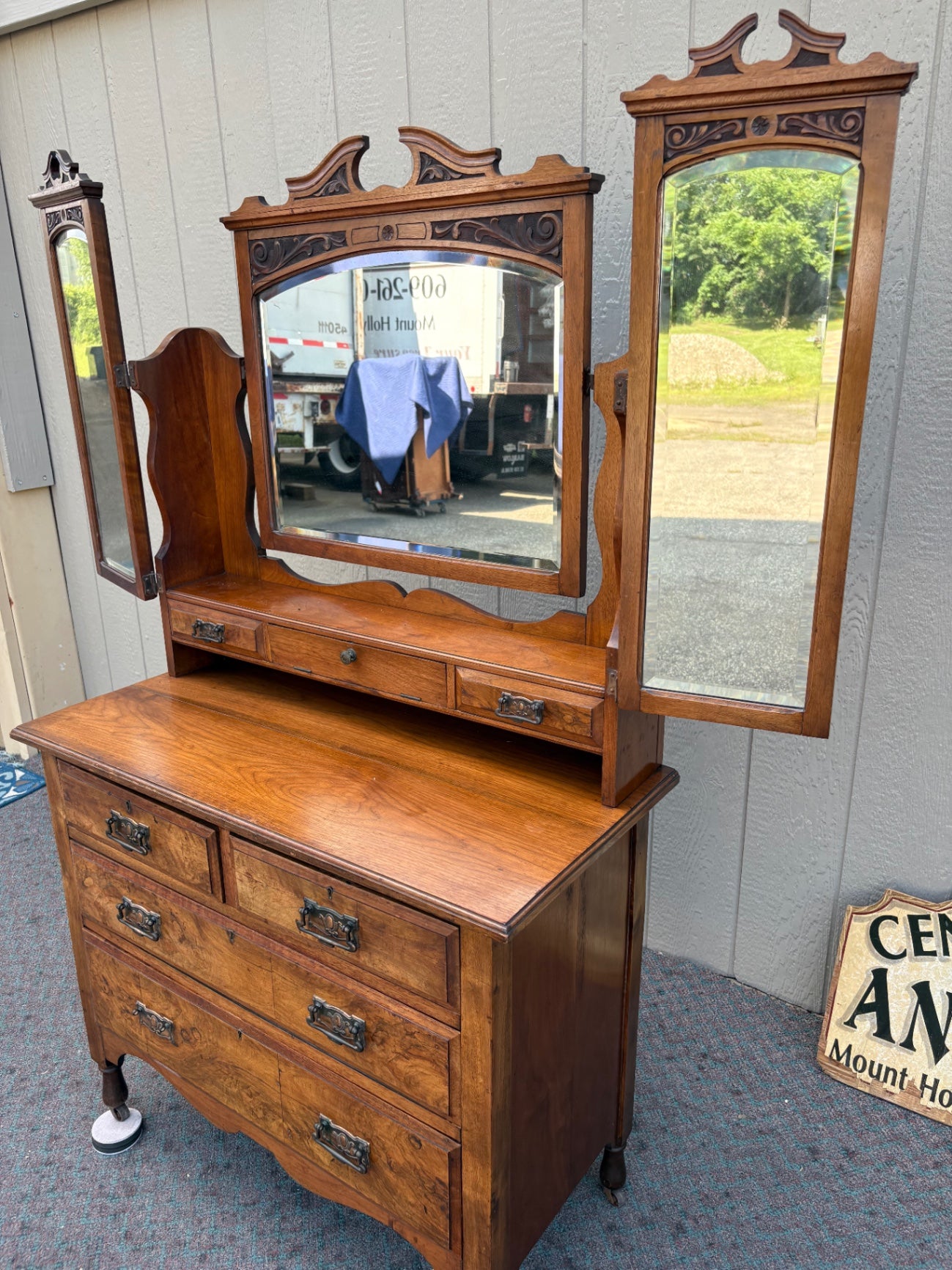 67938  Antique English Vanity Dresser with Triptych Mirror in Walnut