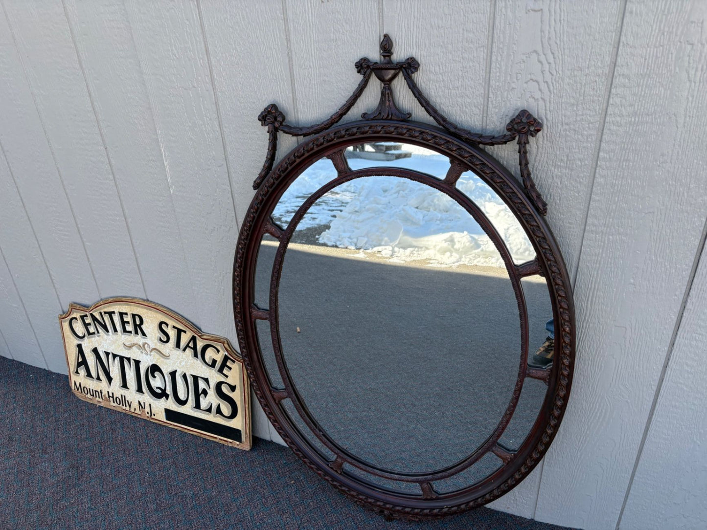 66933  Large Oval Mahogany Wall Mirror with Carved Swag Detailing