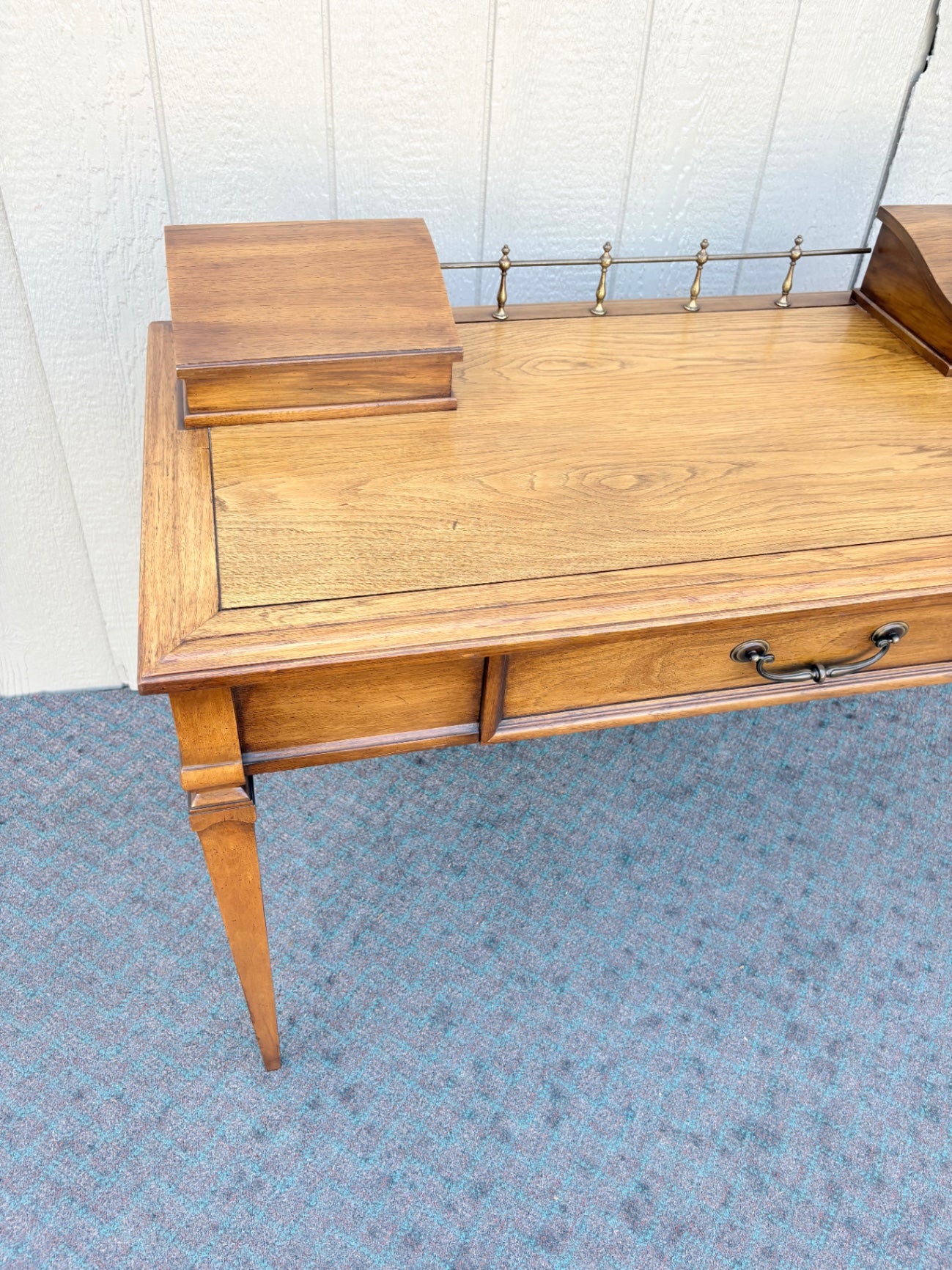 67969 Vintage Wood Writing Desk with Brass Gallery and Hidden Compartments