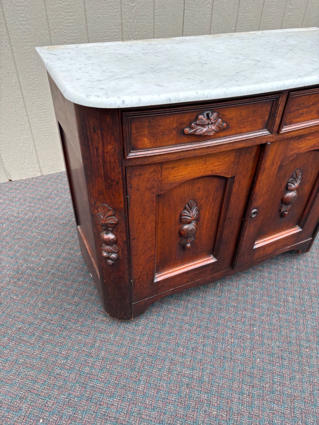 67622 Victorian Marble Top Buffet with Mirror and Ornate Carvings