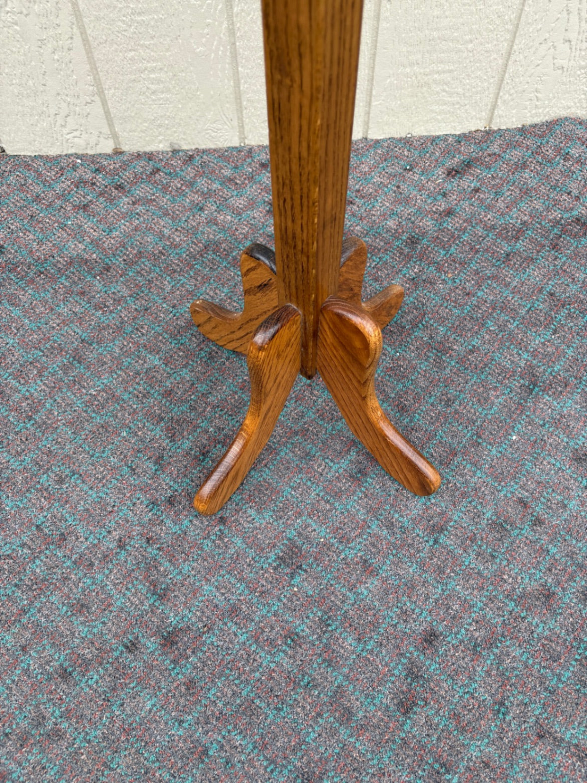 68113  Vintage Oak Coat Tree with Brass Hooks and Ceramic Accents