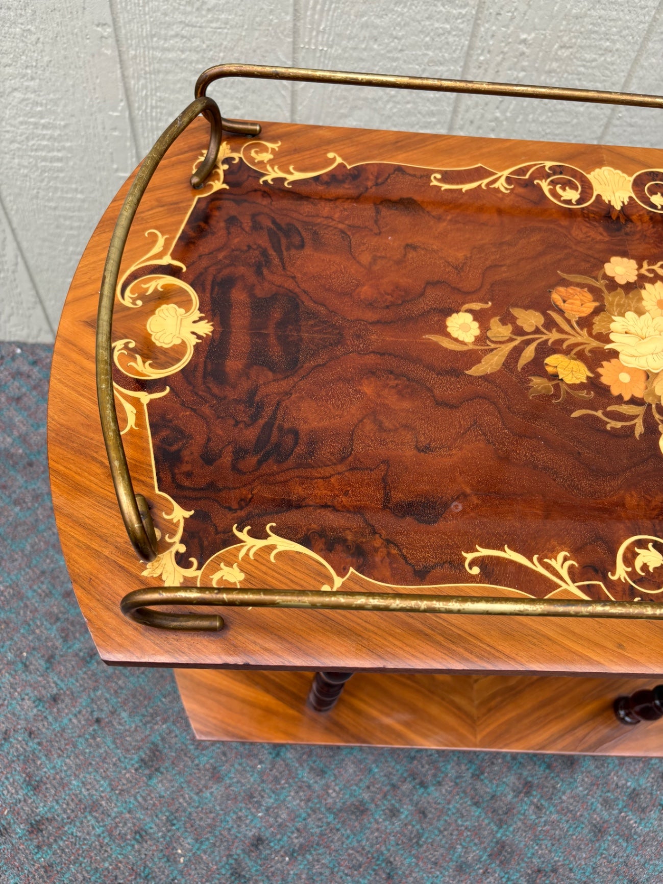 Italian Inlaid Wood Bar Cart with Floral Marquetry and Brass Accents