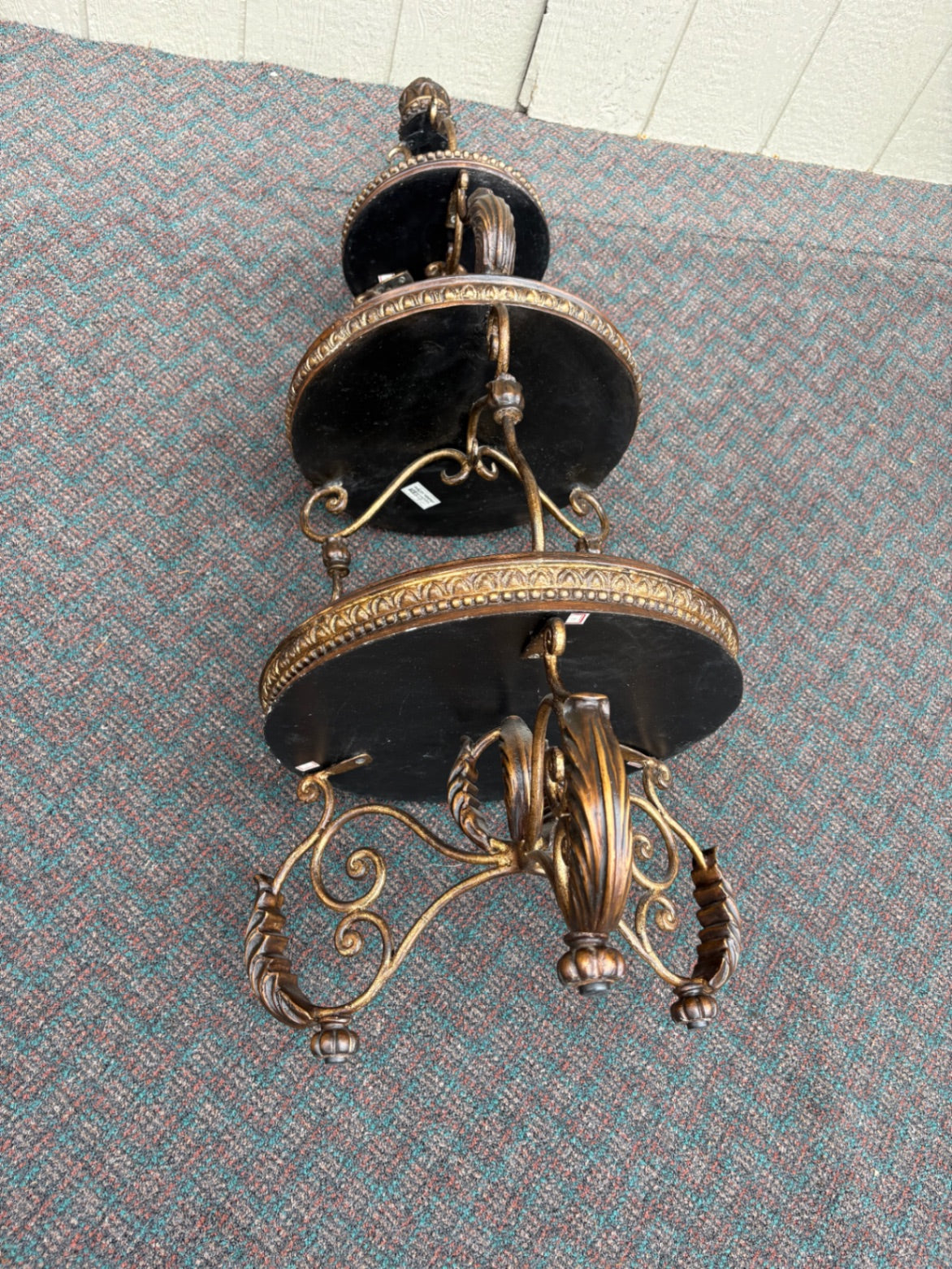 67831 Ornate Three-Tier Accent Table with Metal Scrollwork and Wood Finish