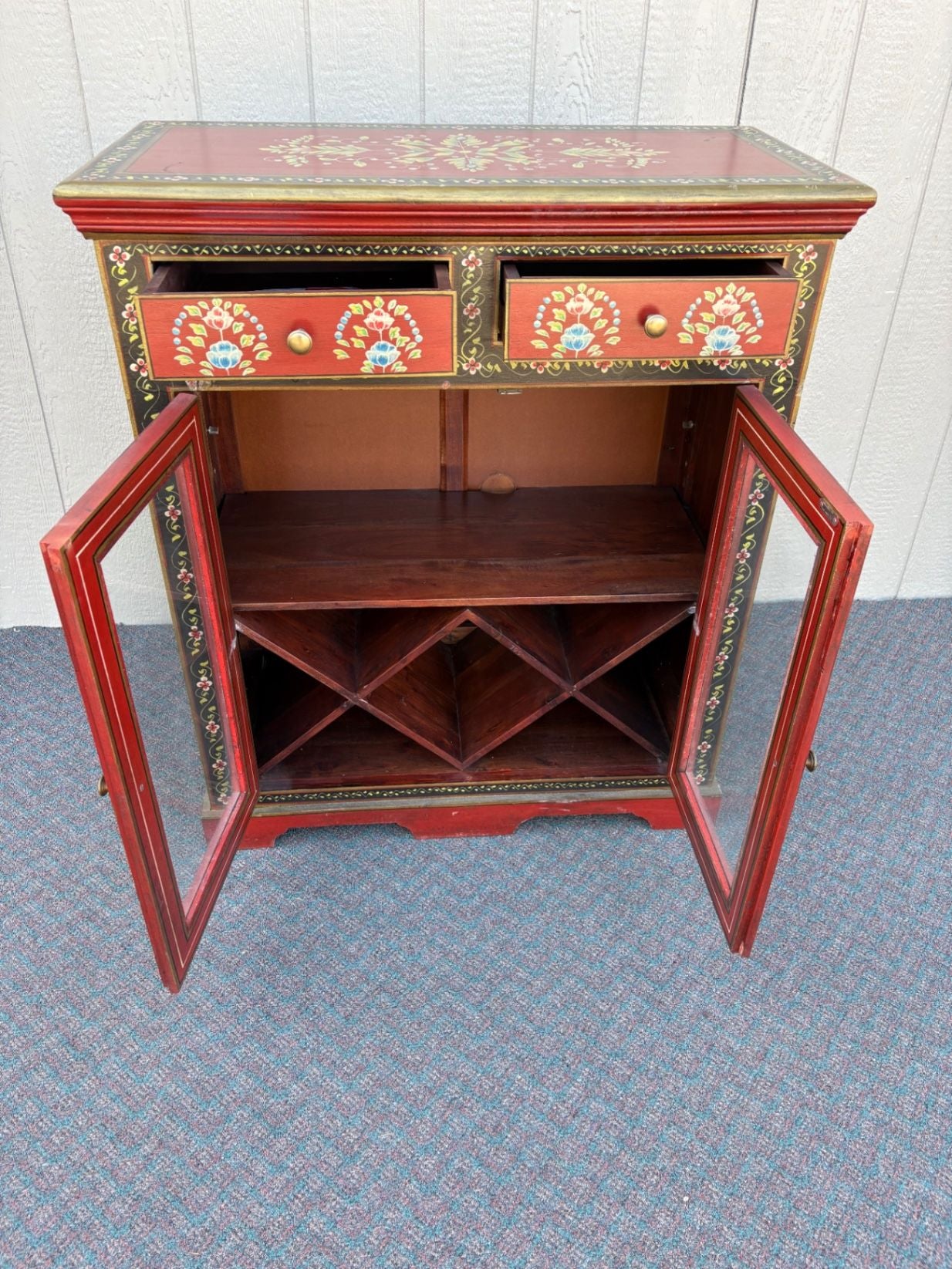 67610 Hand-Painted Pier 1 Wine Cabinet with Floral Motif and Glass Doors