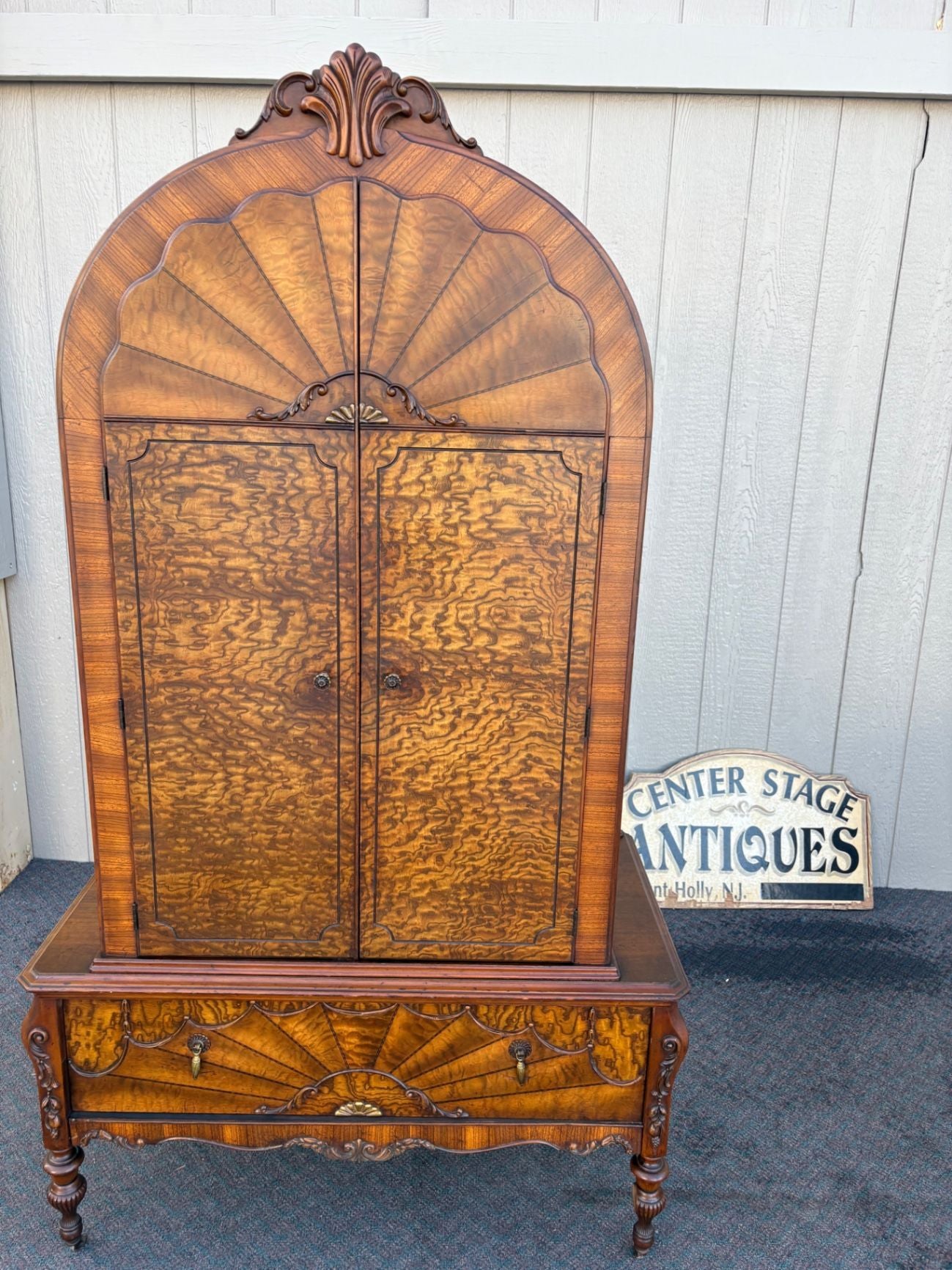 67453  Art Deco Chifferobe with Sunburst Veneer and Carved Details (Copy)