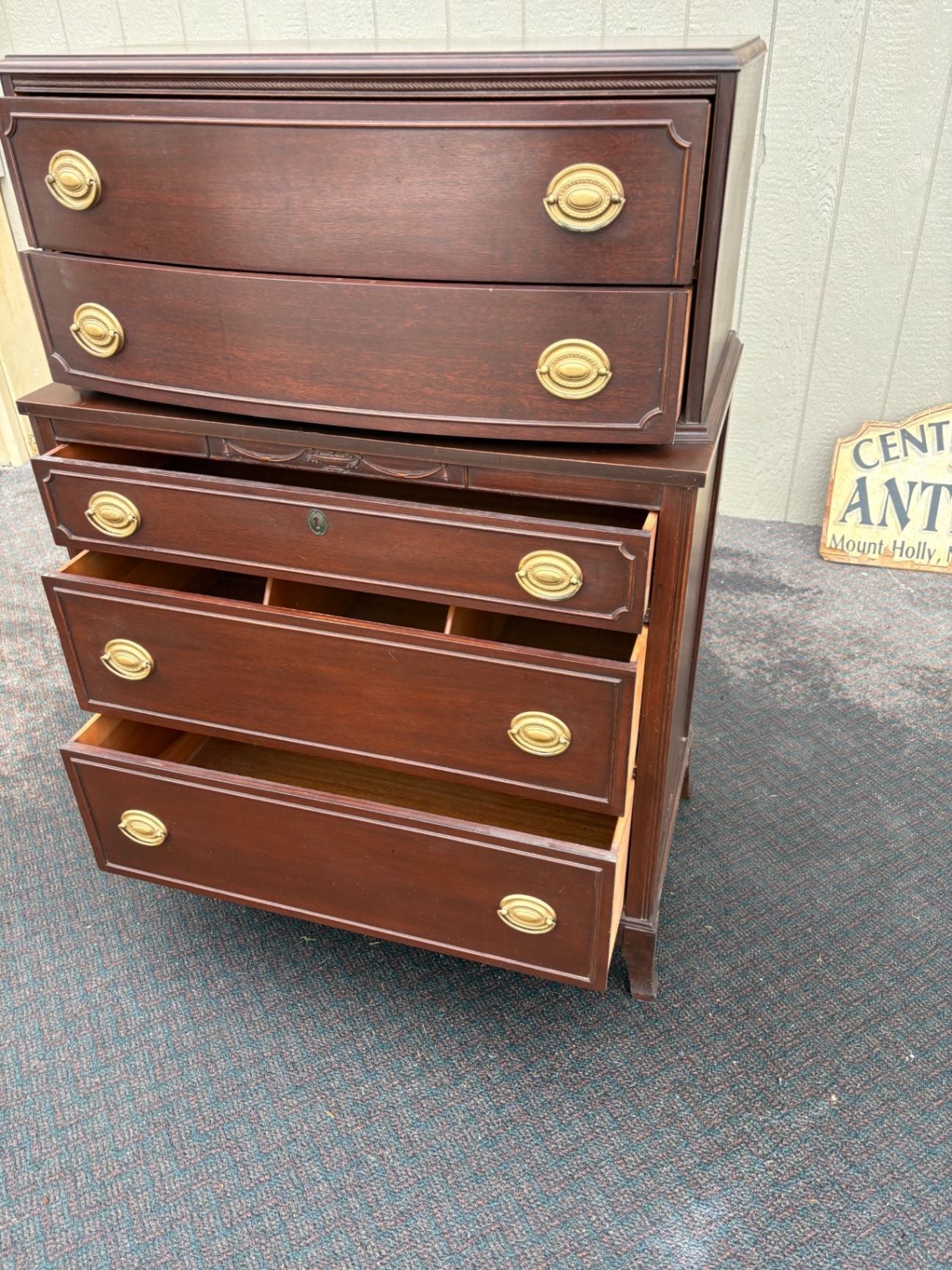 67461 Vintage Mahogany Bow Front High Chest Dresser with Brass Pulls