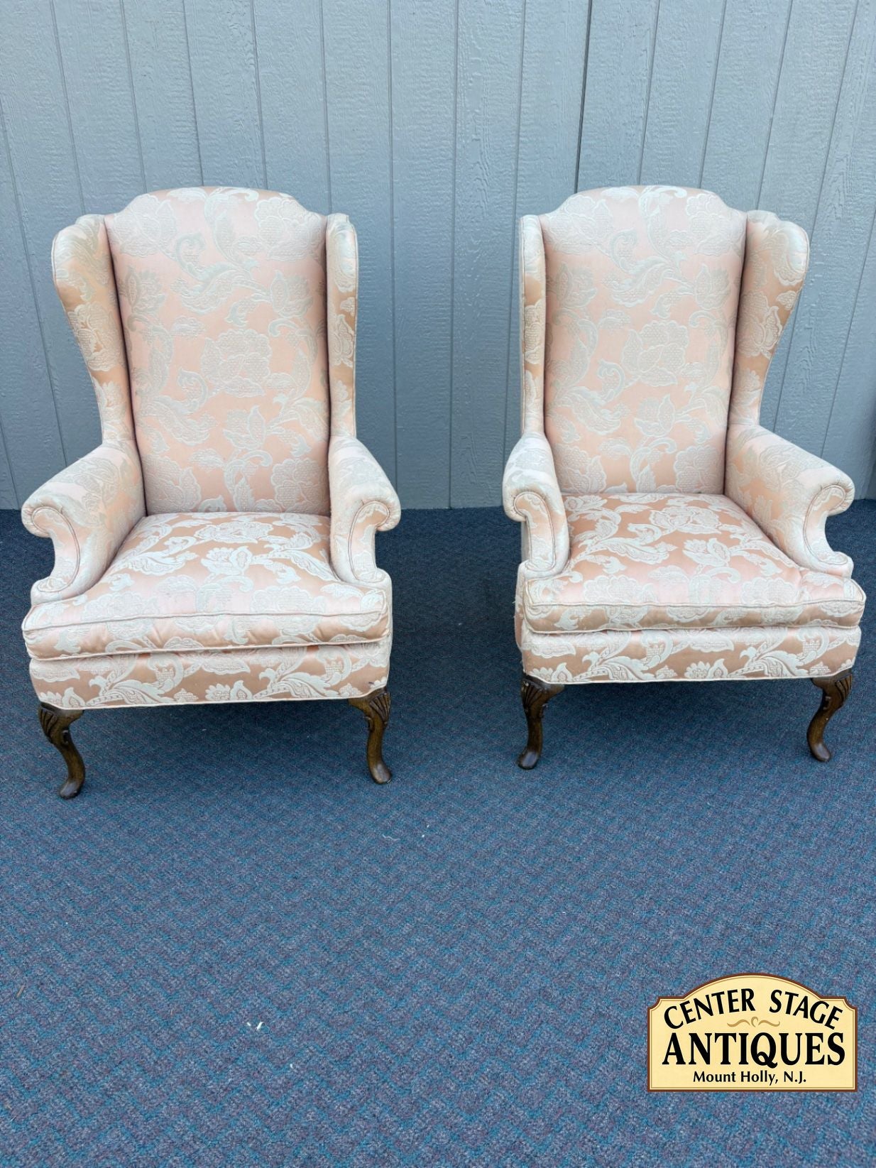 67593  Pair of Sherrill Wing Chairs, Queen Anne Style, Upholstered