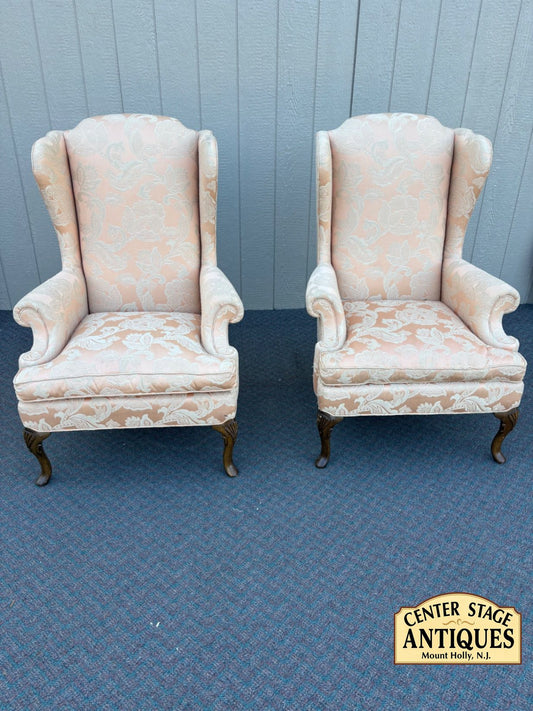 67593  Pair of Sherrill Wing Chairs, Queen Anne Style, Upholstered