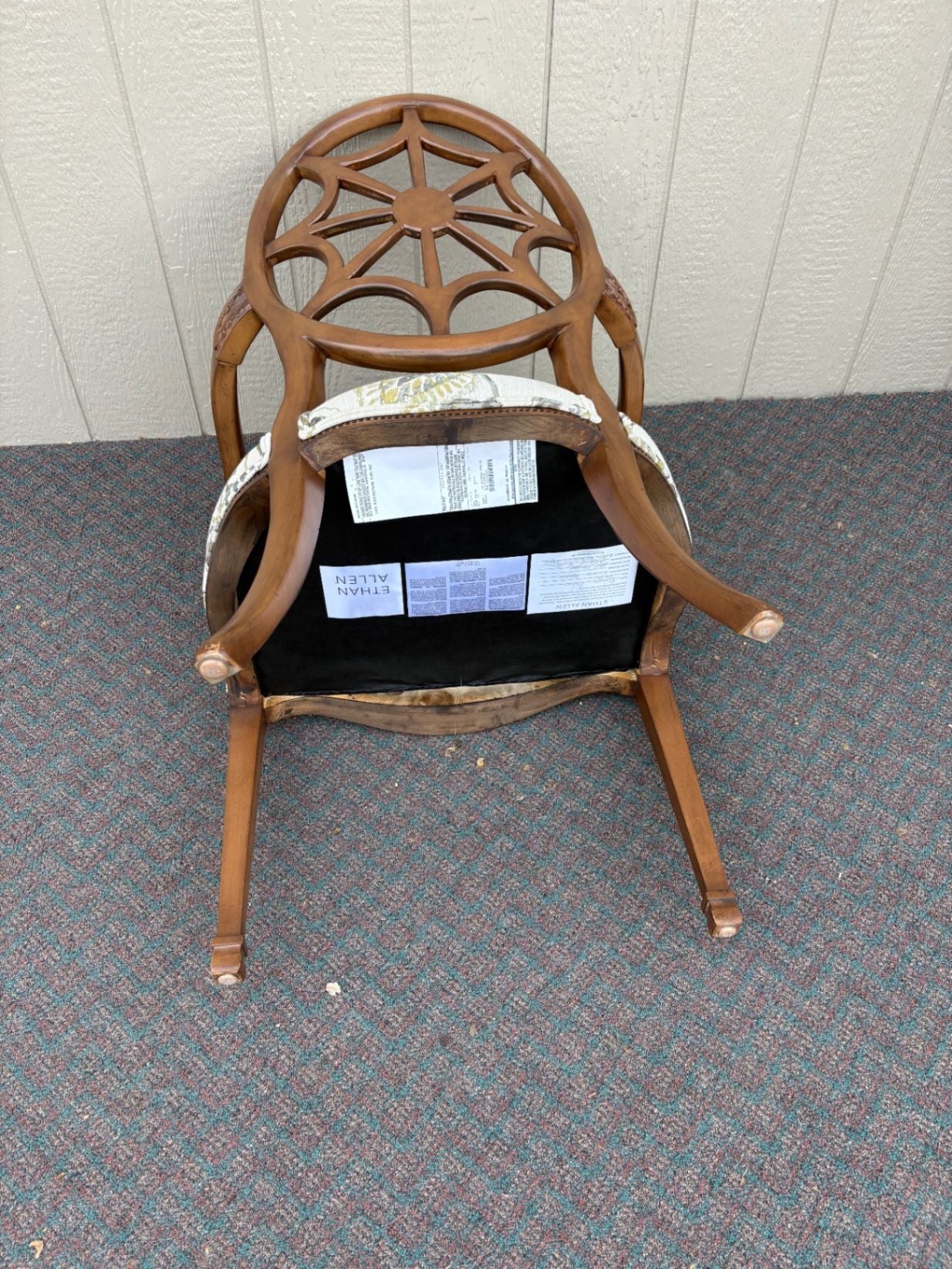 67658 Ethan Allen Carved Armchair with Floral Upholstery