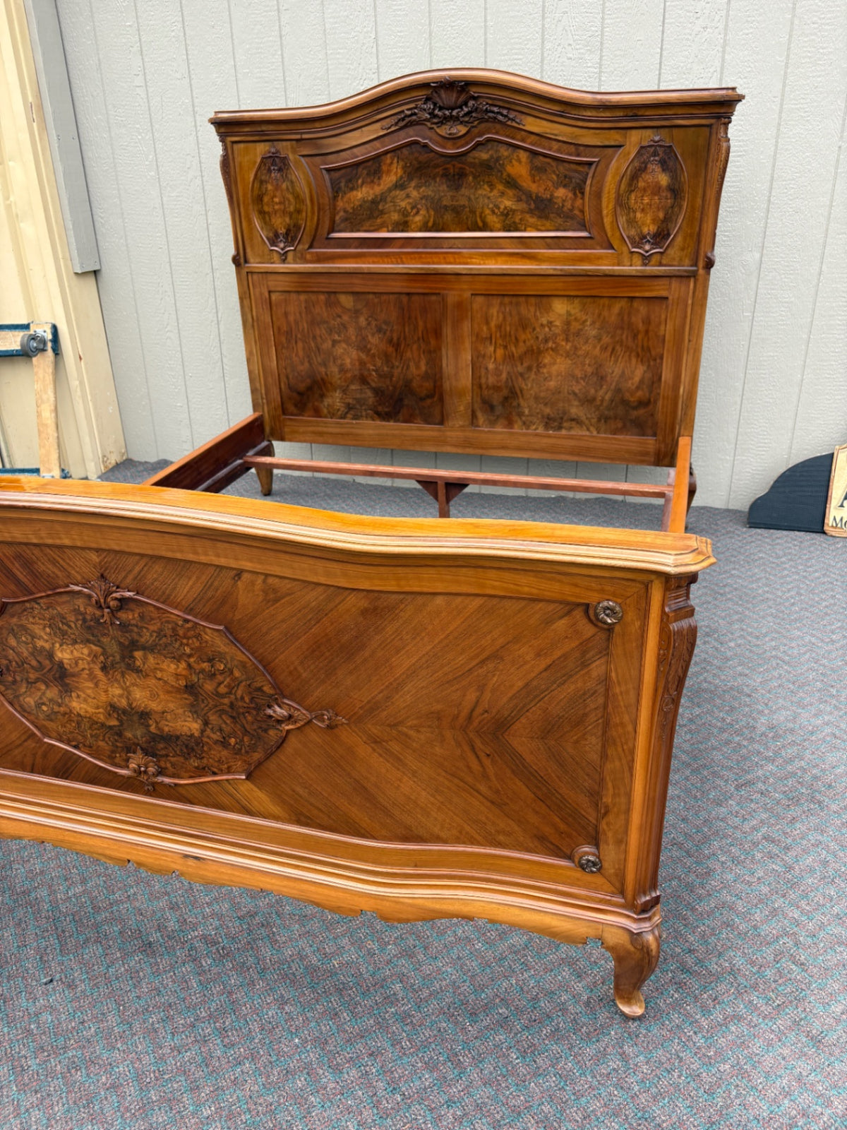 Antique French Queen Bed with Burl Walnut Panels and Carvings