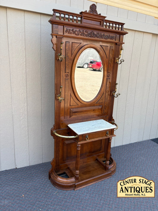 67756 Victorian Hall Tree with Mirror and Marble Shelf, Solid Walnut