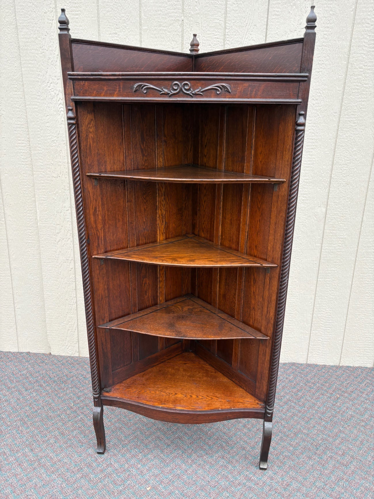 67661 Victorian Oak Corner Curio Cabinet  with Carved Details and Turned Finials