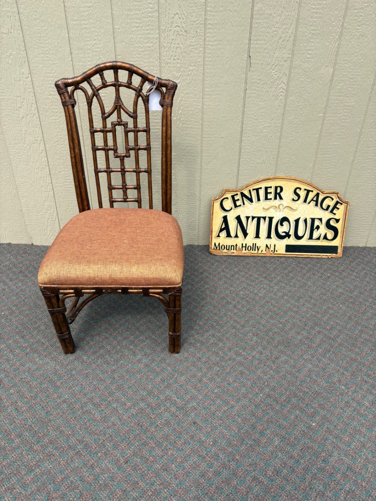 Vintage Chippendale Style Rattan Chair with Upholstered Seat