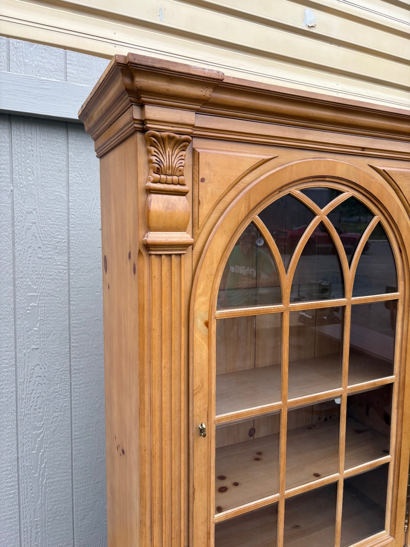 67671  Antique Pine Curio Bookcase with Glass Doors and Cabinet