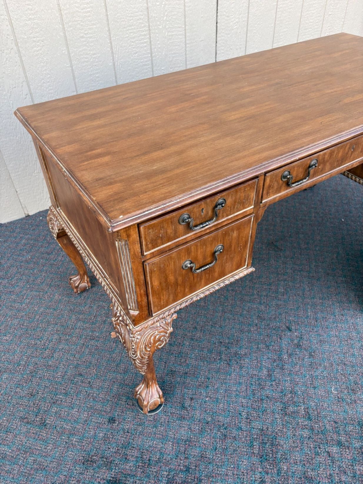 67389 Vintage Mahogany Writing Desk with Claw Feet and Brass Handles