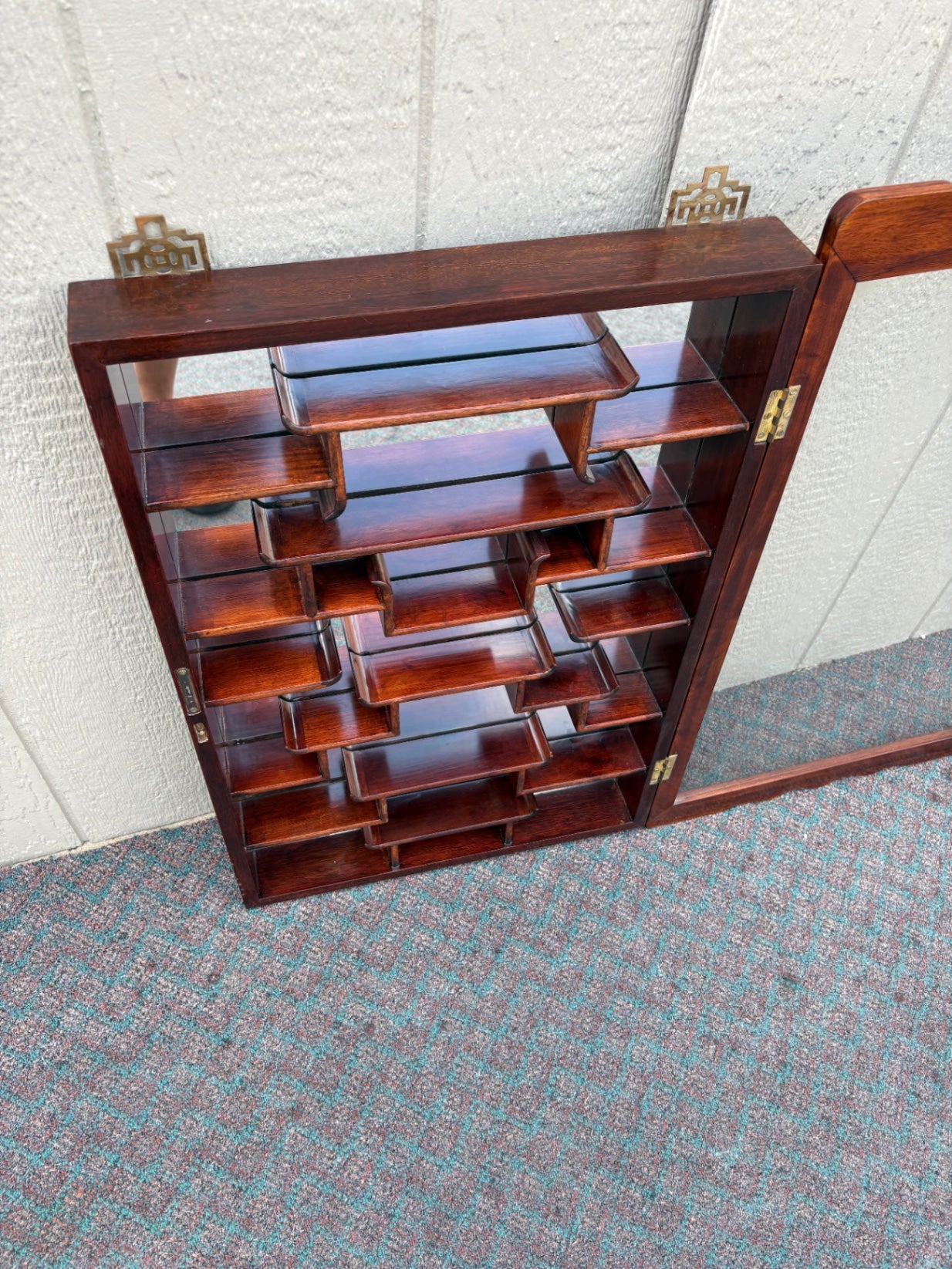 67960 Vintage Oriental Wall Shelf Curio Cabinet with Glass Door