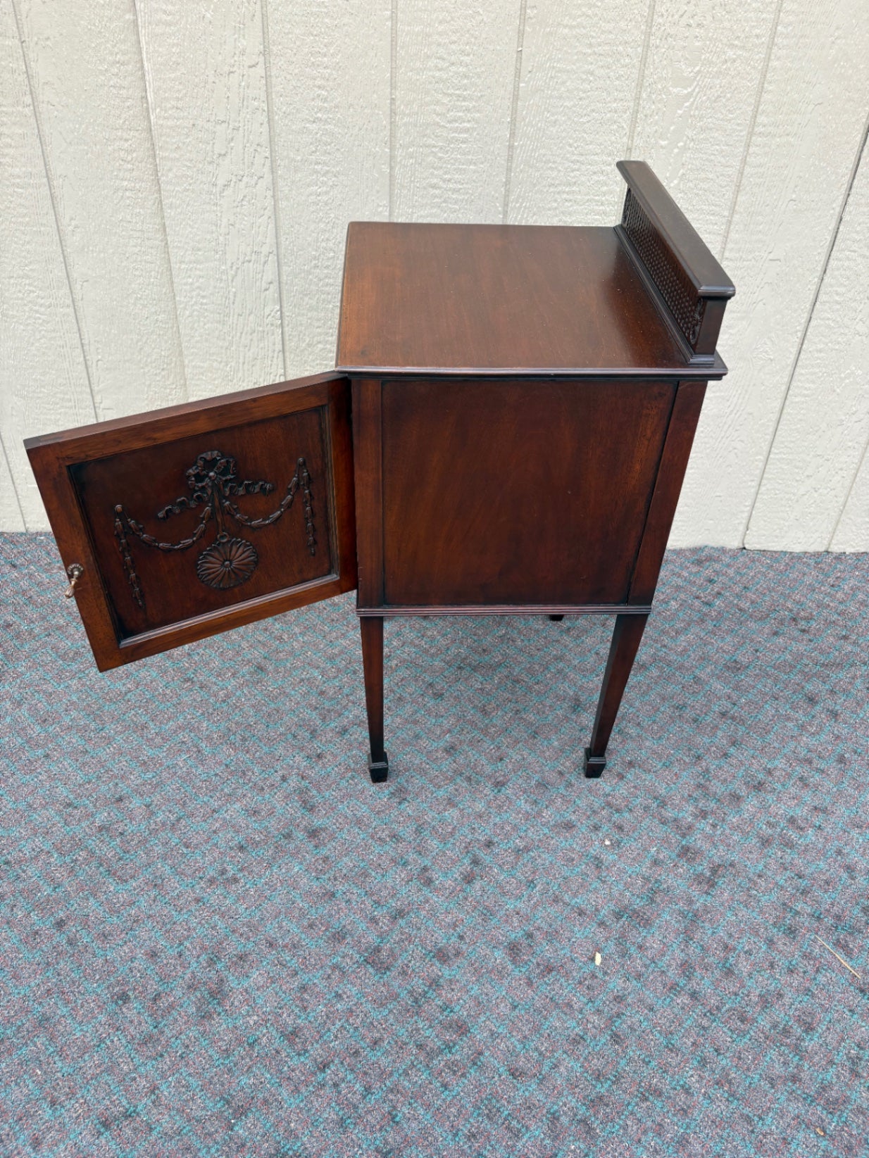 67982 Antique Mahogany Nightstand with Carved Details and Shelf