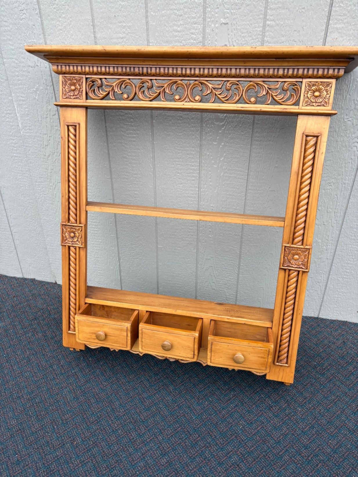 67550 Hand-Carved Wood Wall Shelf with Drawers, Ornate Vintage Style