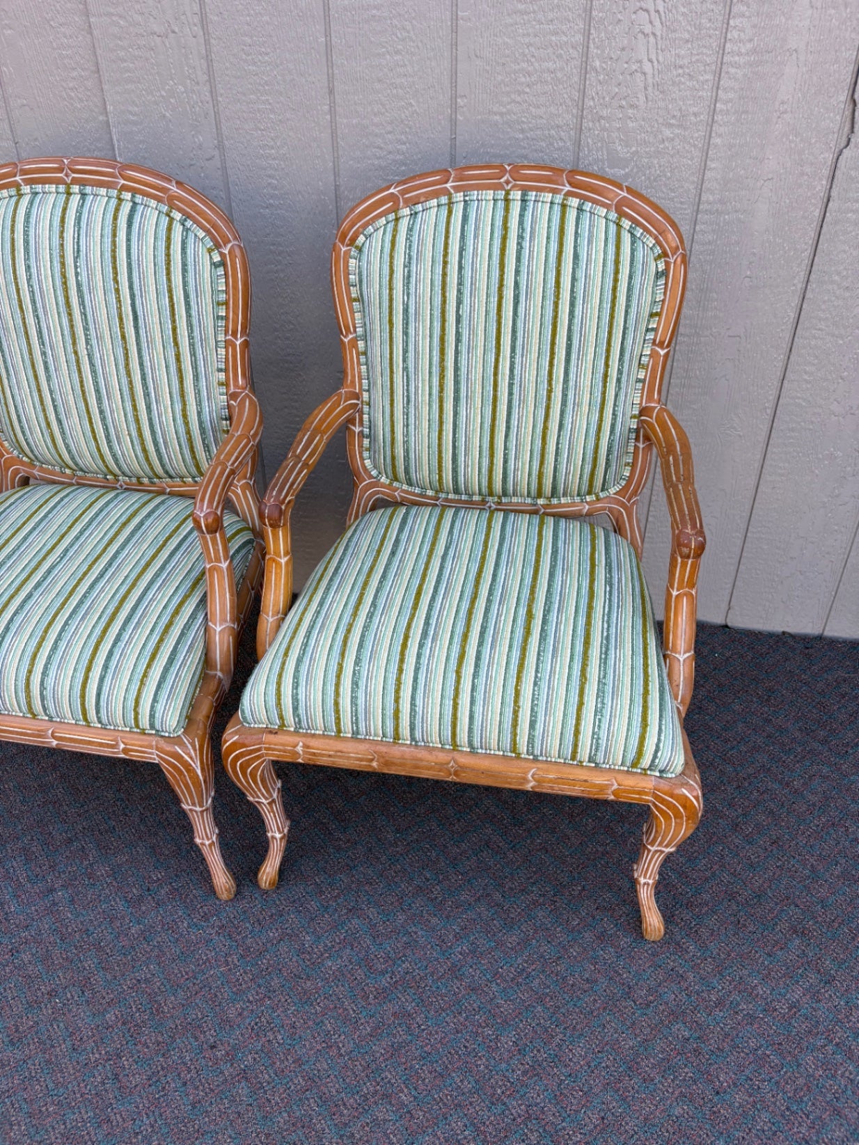 67613  Pair of Vintage Rattan Armchairs with Striped Upholstery