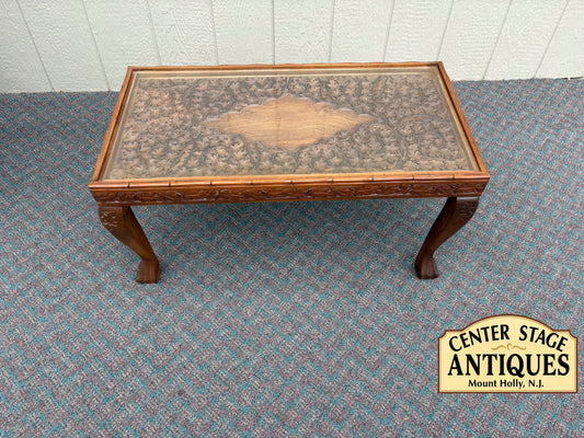67733 Hand-Carved Coffee Table with Glass Top and Floral Design
