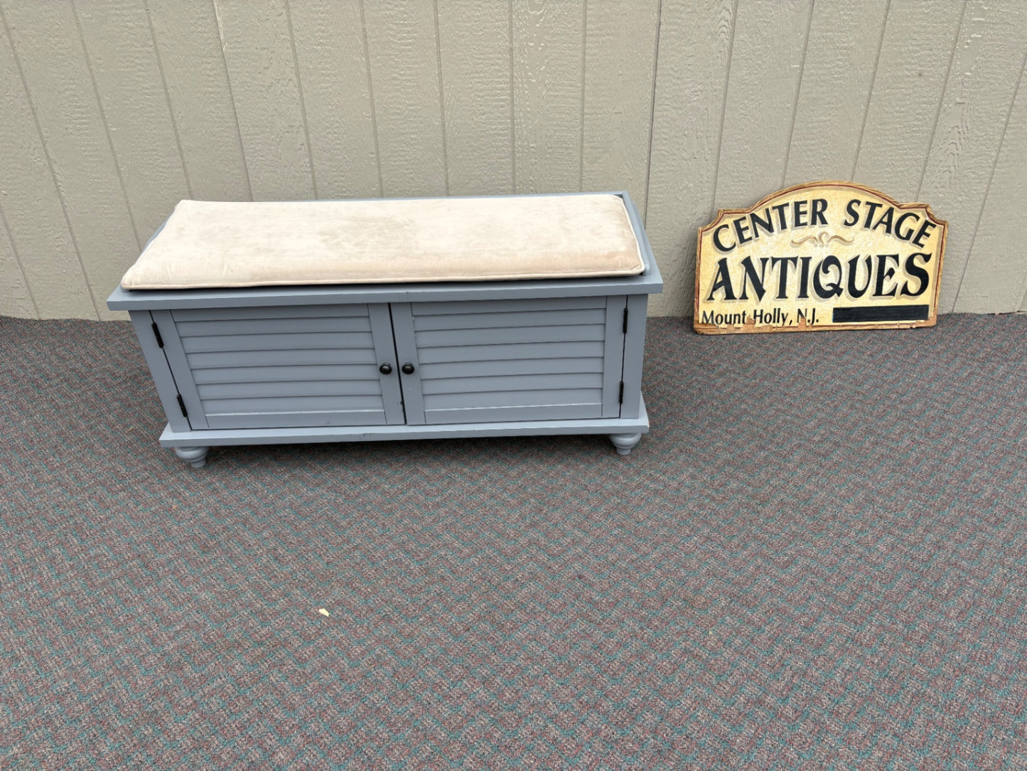 67736 Contemporary Grey Storage Bench with Cushion and Louvered Doors