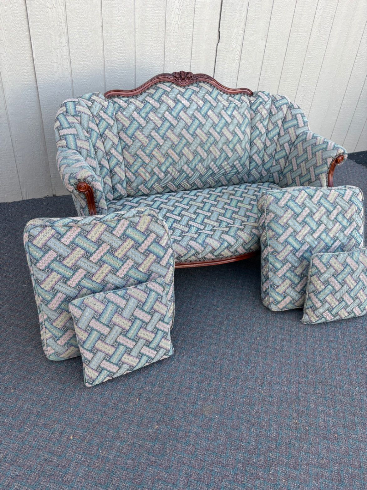 67630 Vintage French Provincial Loveseat with Carved Wood Frame