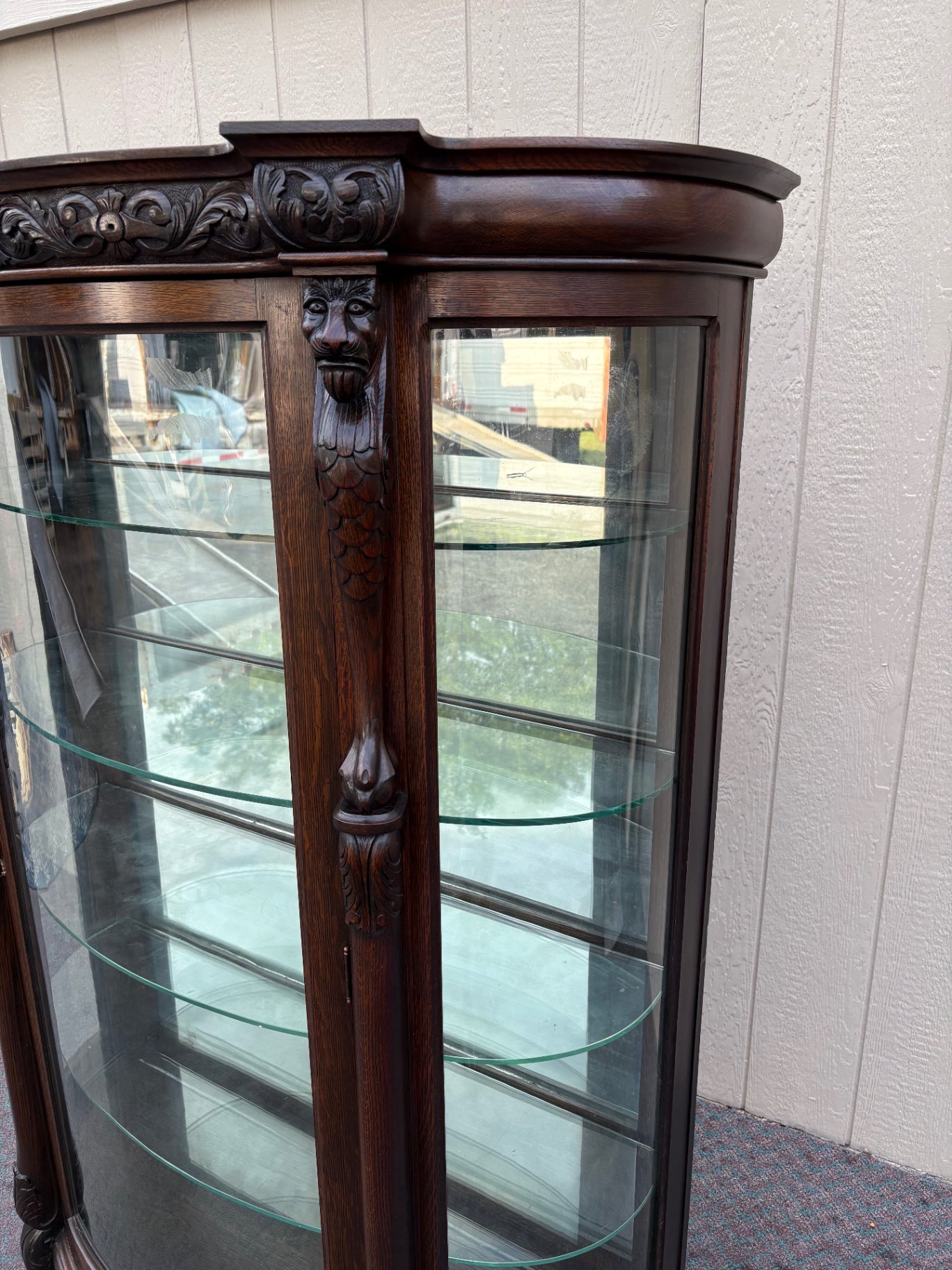 67971 Antique Curved Glass Oak China Cabinet with Lion Carvings