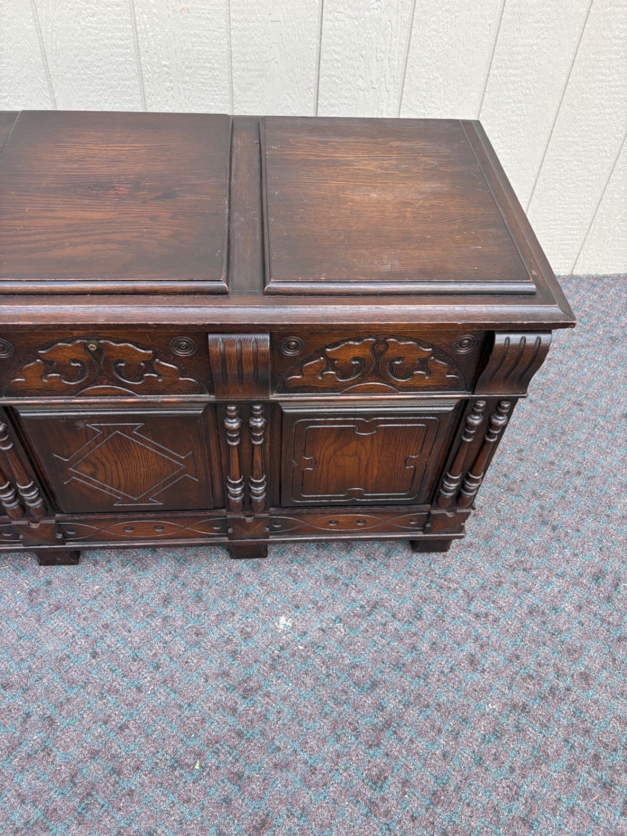 67754 Vintage Dark Oak Trunk with Carved Details and Panel Design
