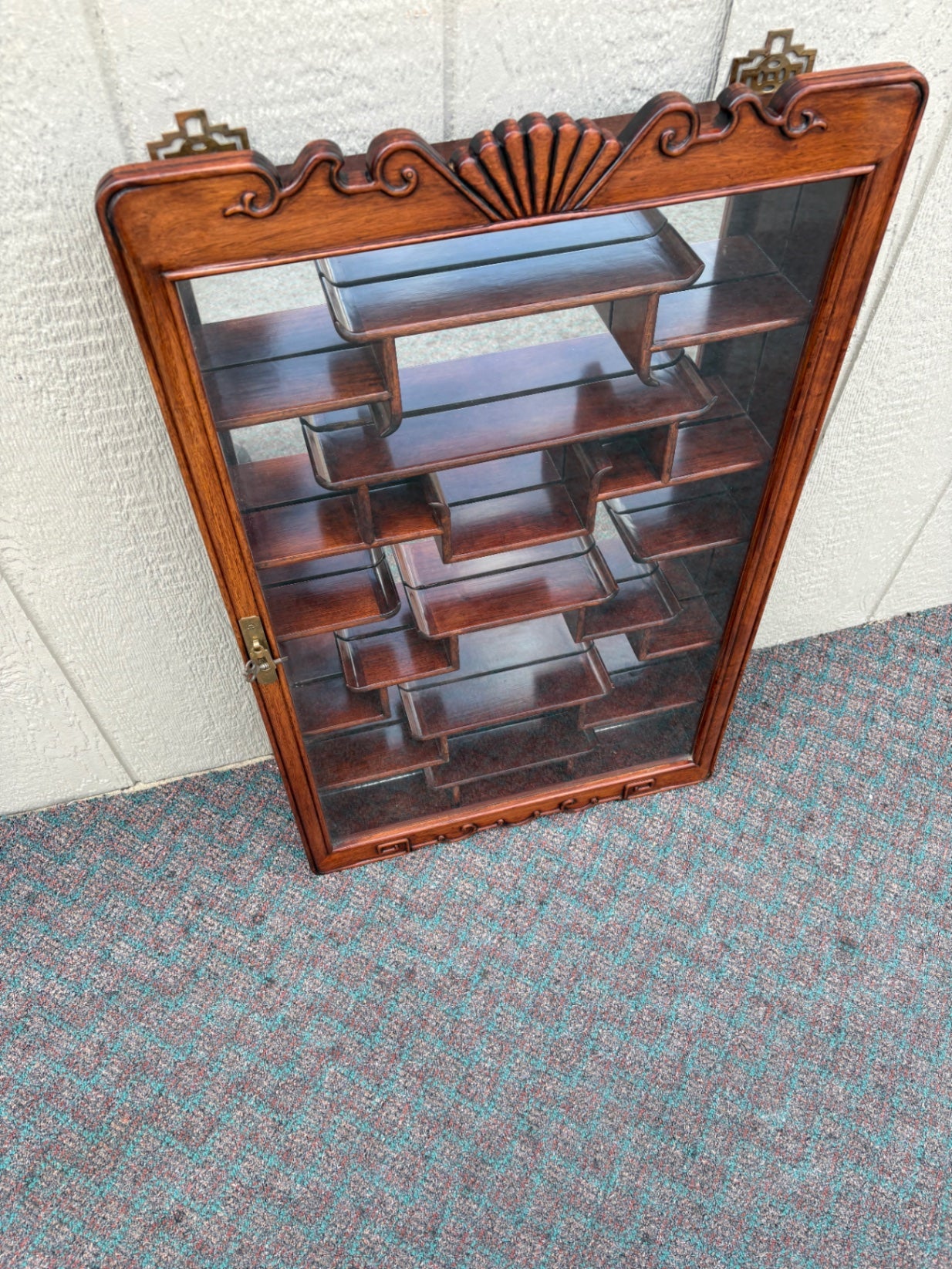 67960 Vintage Oriental Wall Shelf Curio Cabinet with Glass Door